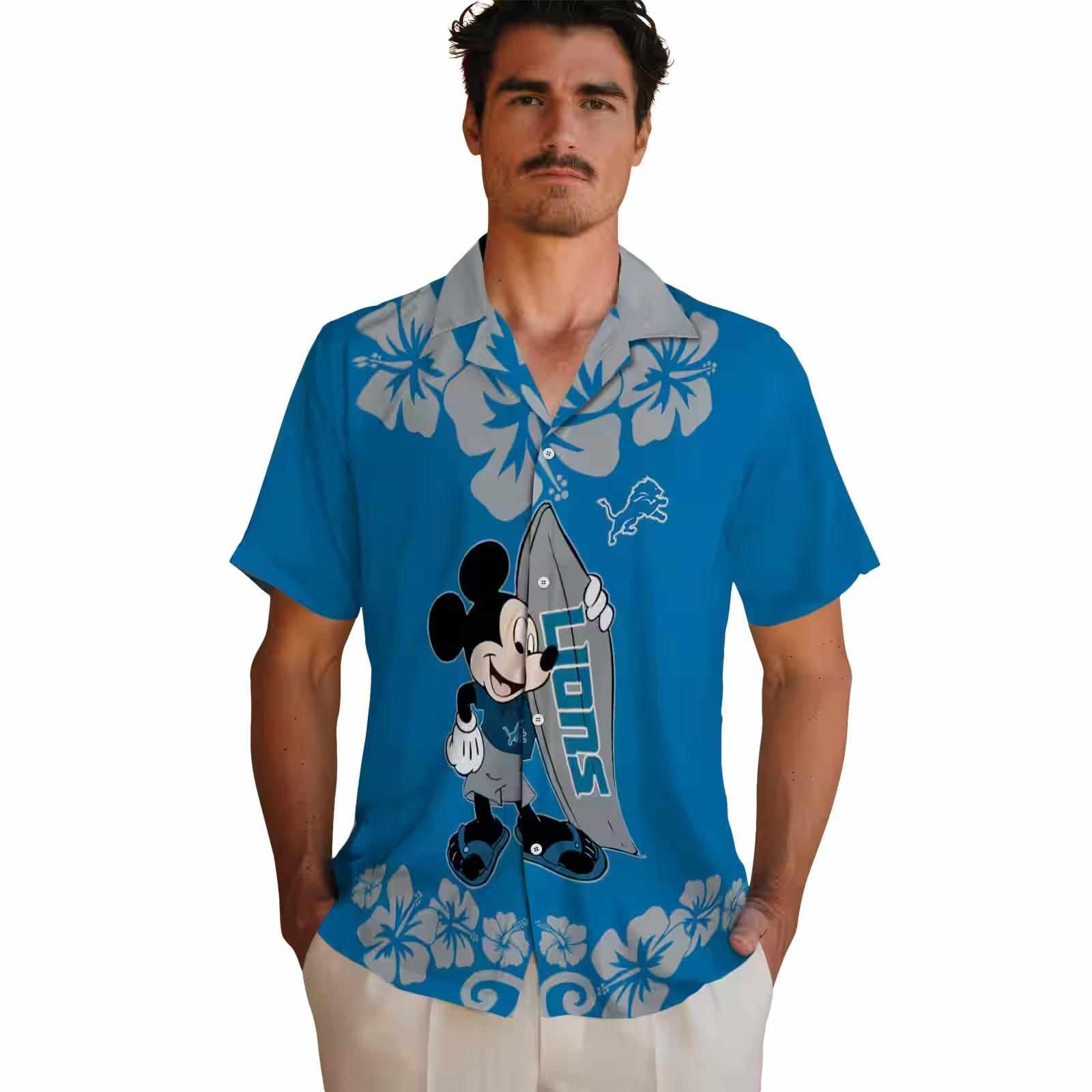 detroit lions surfing mickey blue hawaiian shirt fashion forward