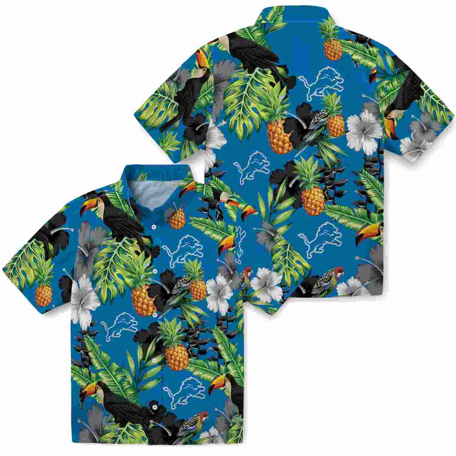 detroit lions toucan hibiscus pineapple blue green hawaiian shirt high quality