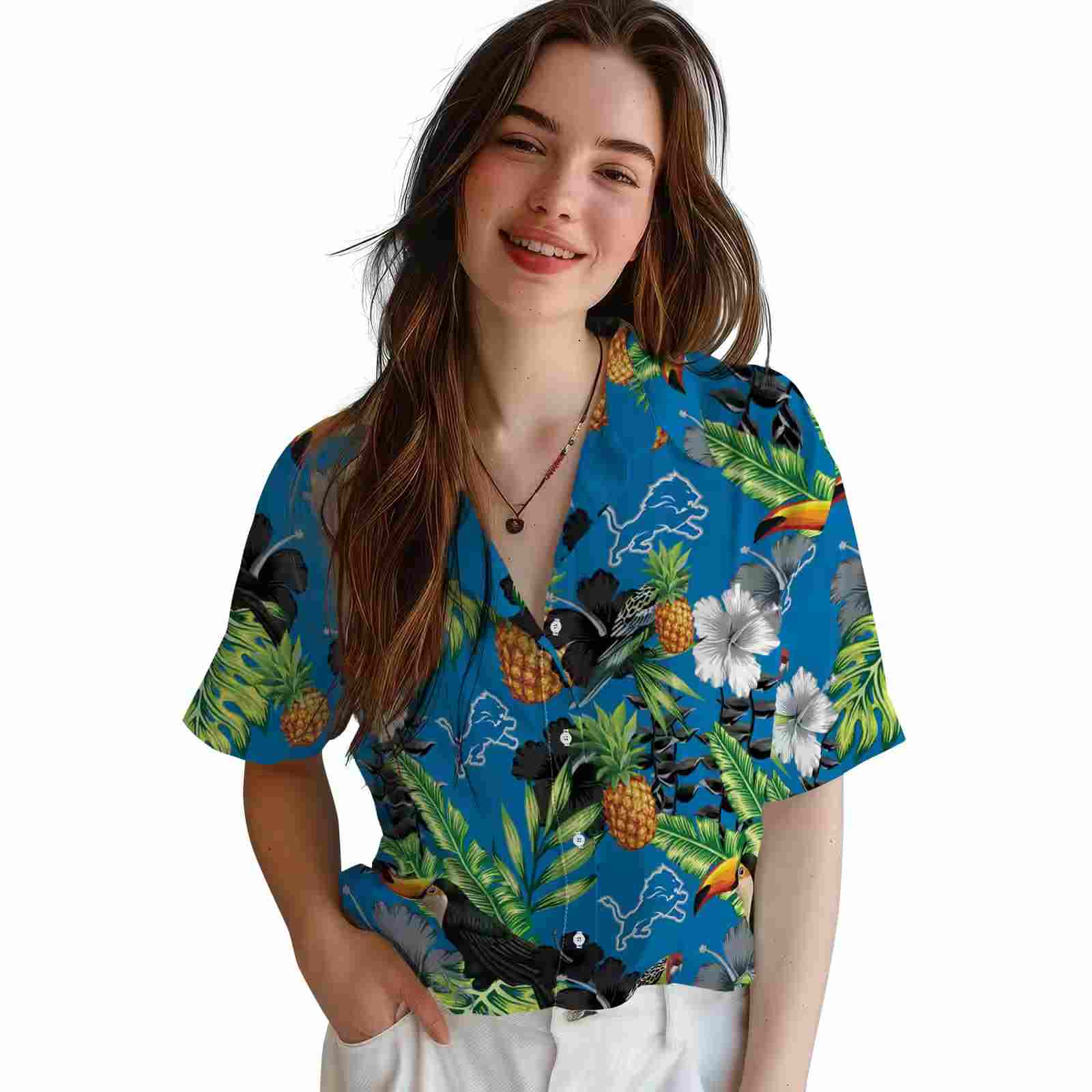 detroit lions toucan hibiscus pineapple blue green hawaiian shirt latest model