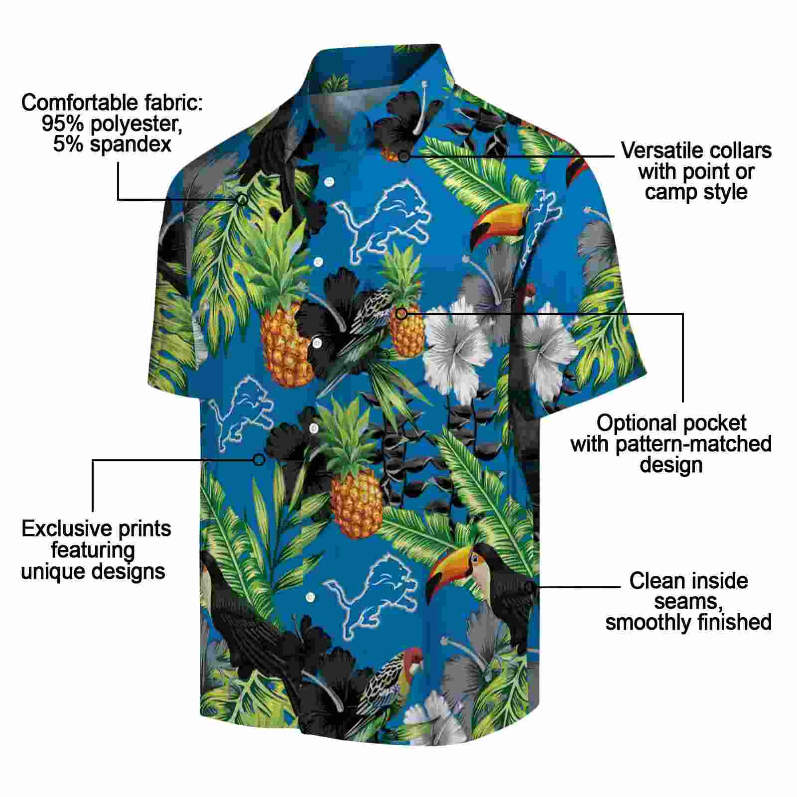 detroit lions toucan hibiscus pineapple blue green hawaiian shirt new arrival