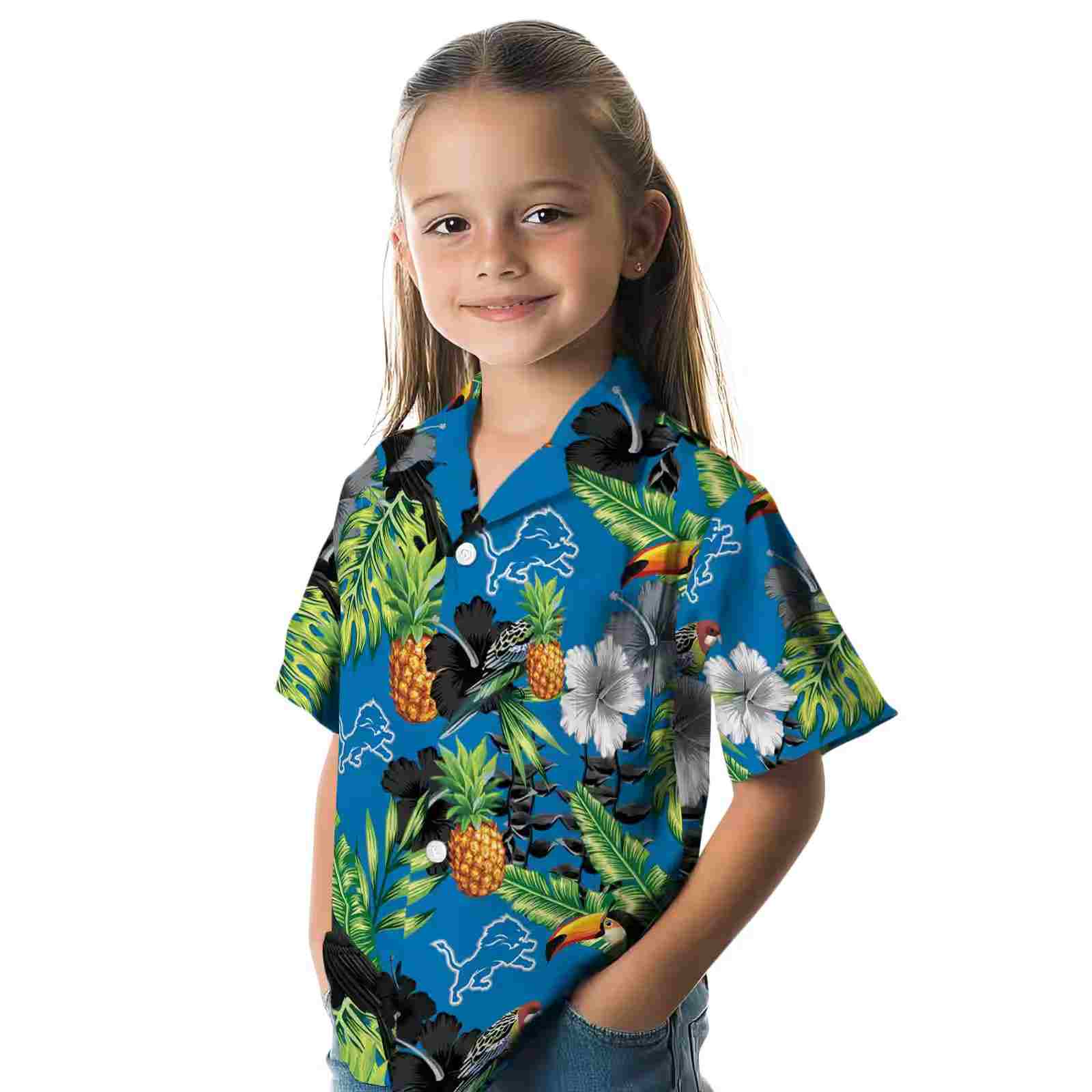 detroit lions toucan hibiscus pineapple blue green hawaiian shirt premium grade