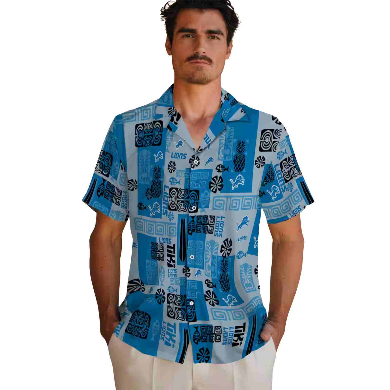 detroit lions tribal symbols blue hawaiian shirt fashion forward