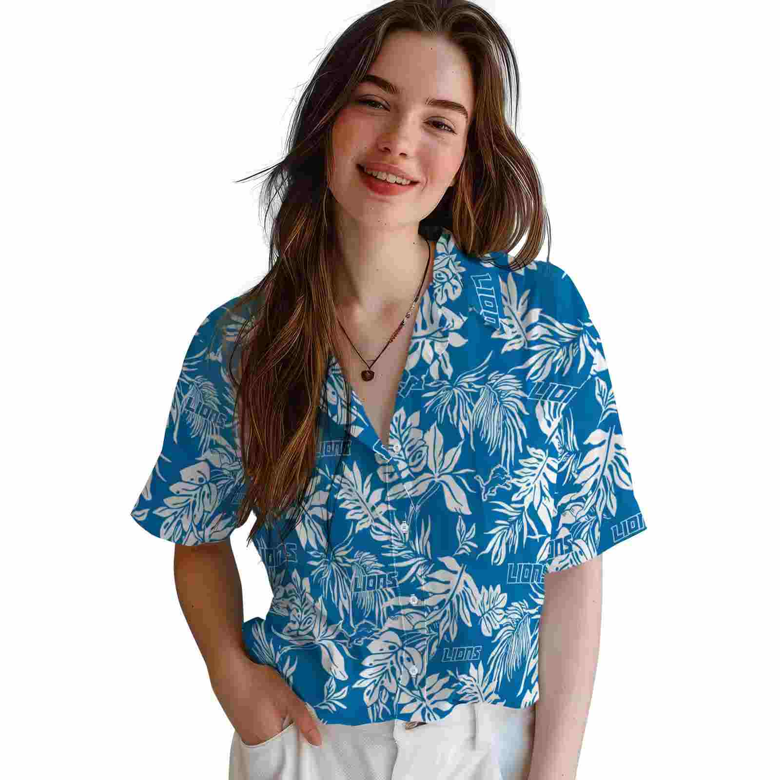 detroit lions tropical leaf blue white hawaiian shirt latest model