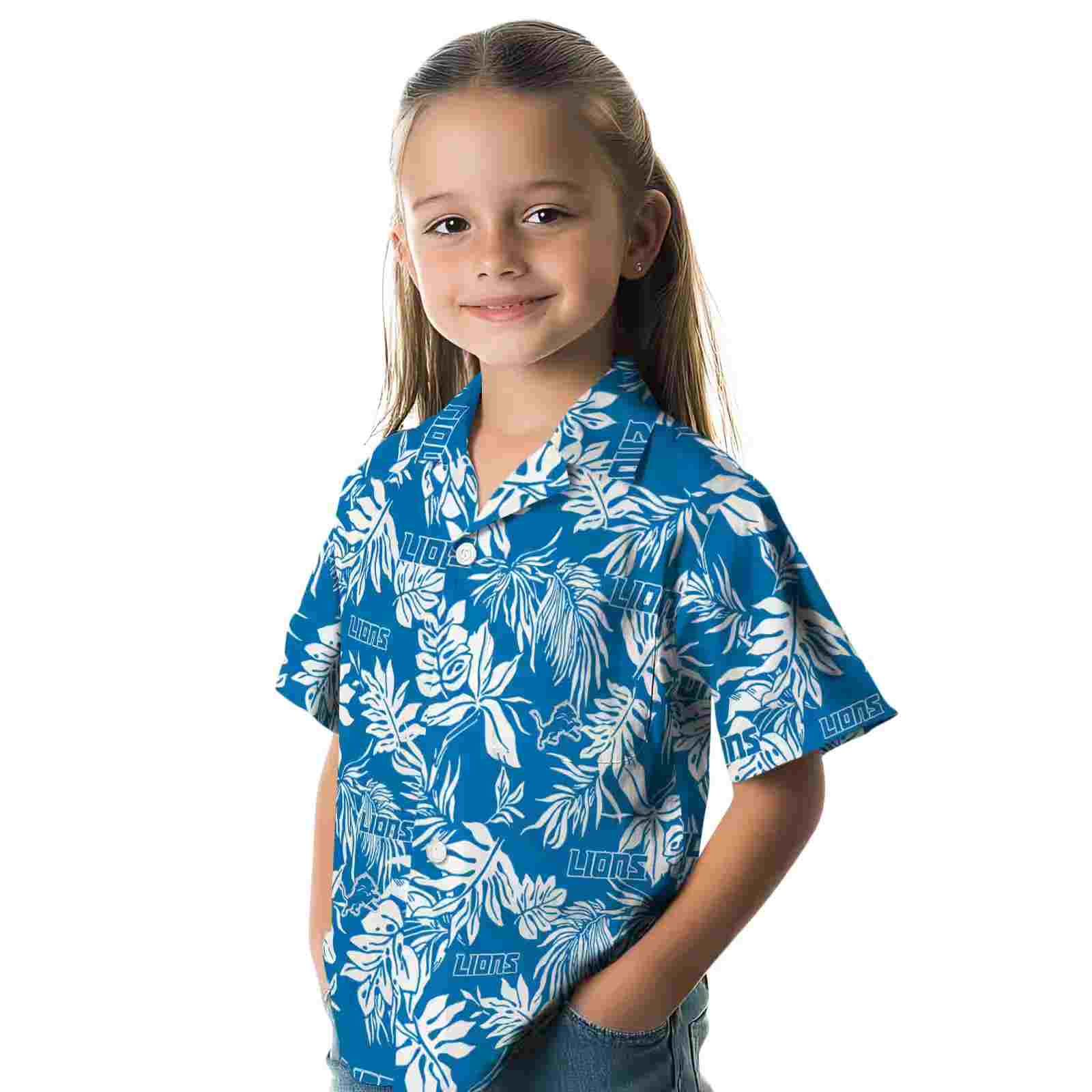 detroit lions tropical leaf blue white hawaiian shirt premium grade