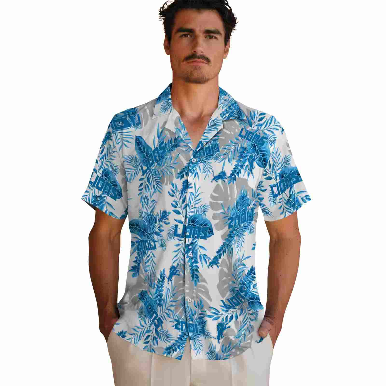 detroit lions tropical leaves white hawaiian shirt fashion forward