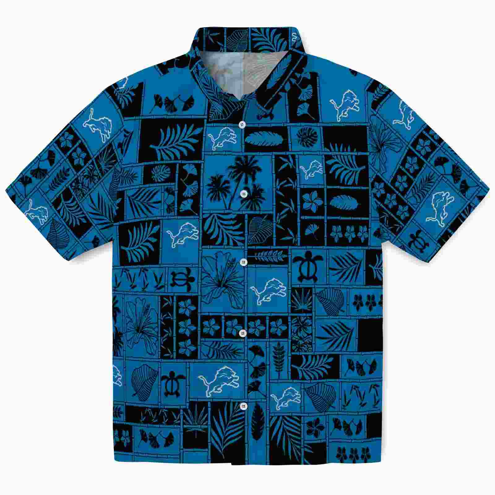 detroit lions tropical patchwork blue black hawaiian shirt best selling