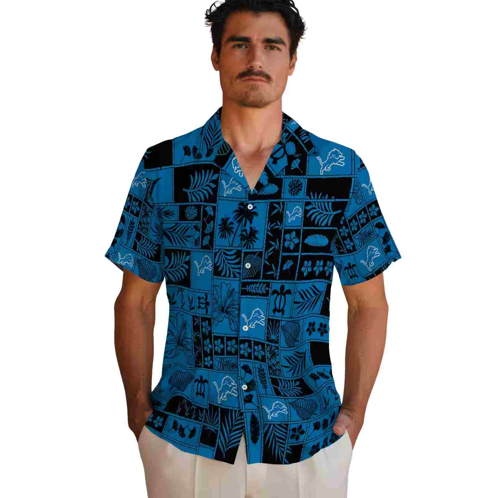 detroit lions tropical patchwork blue black hawaiian shirt fashion forward