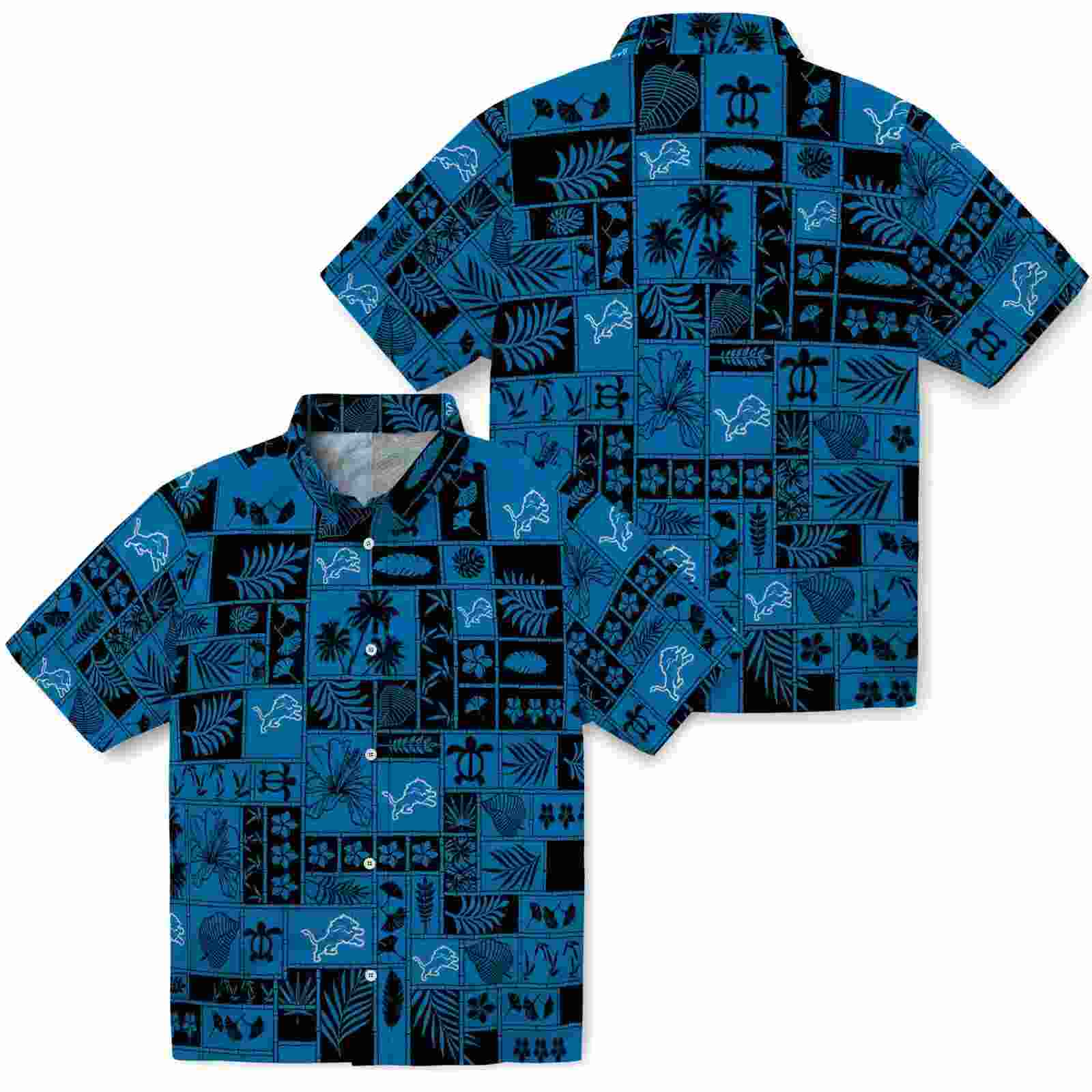 detroit lions tropical patchwork blue black hawaiian shirt high quality