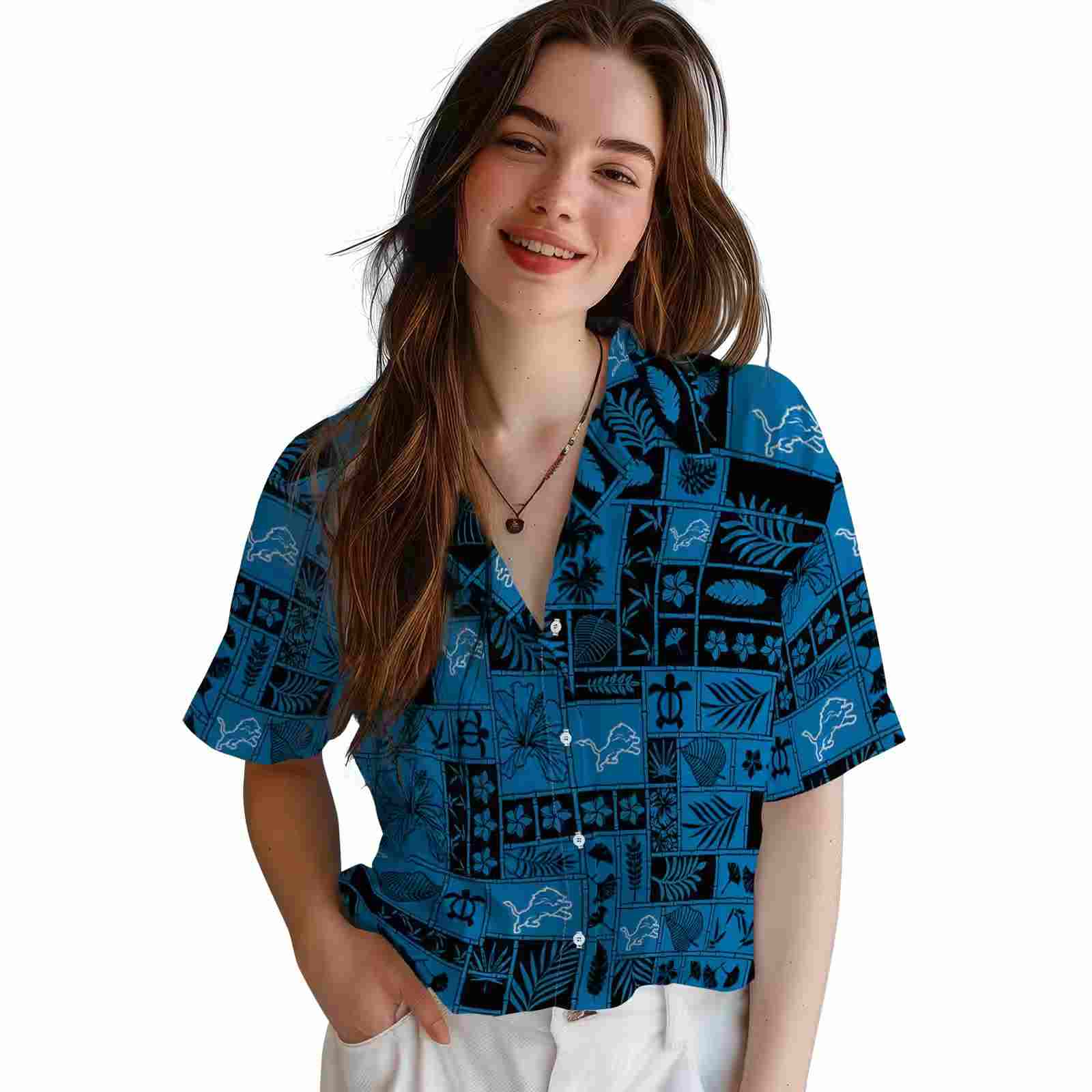 detroit lions tropical patchwork blue black hawaiian shirt latest model