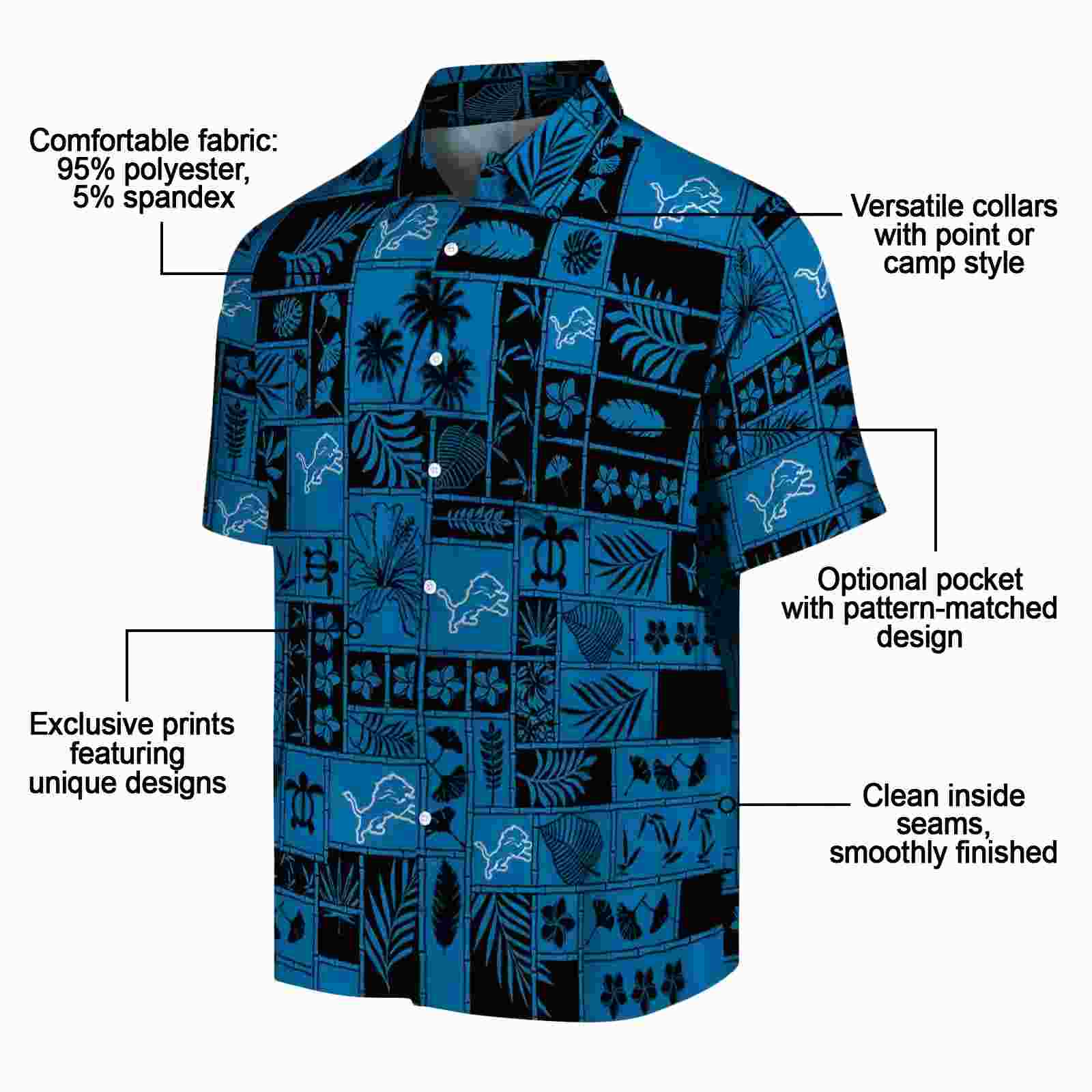 detroit lions tropical patchwork blue black hawaiian shirt new arrival