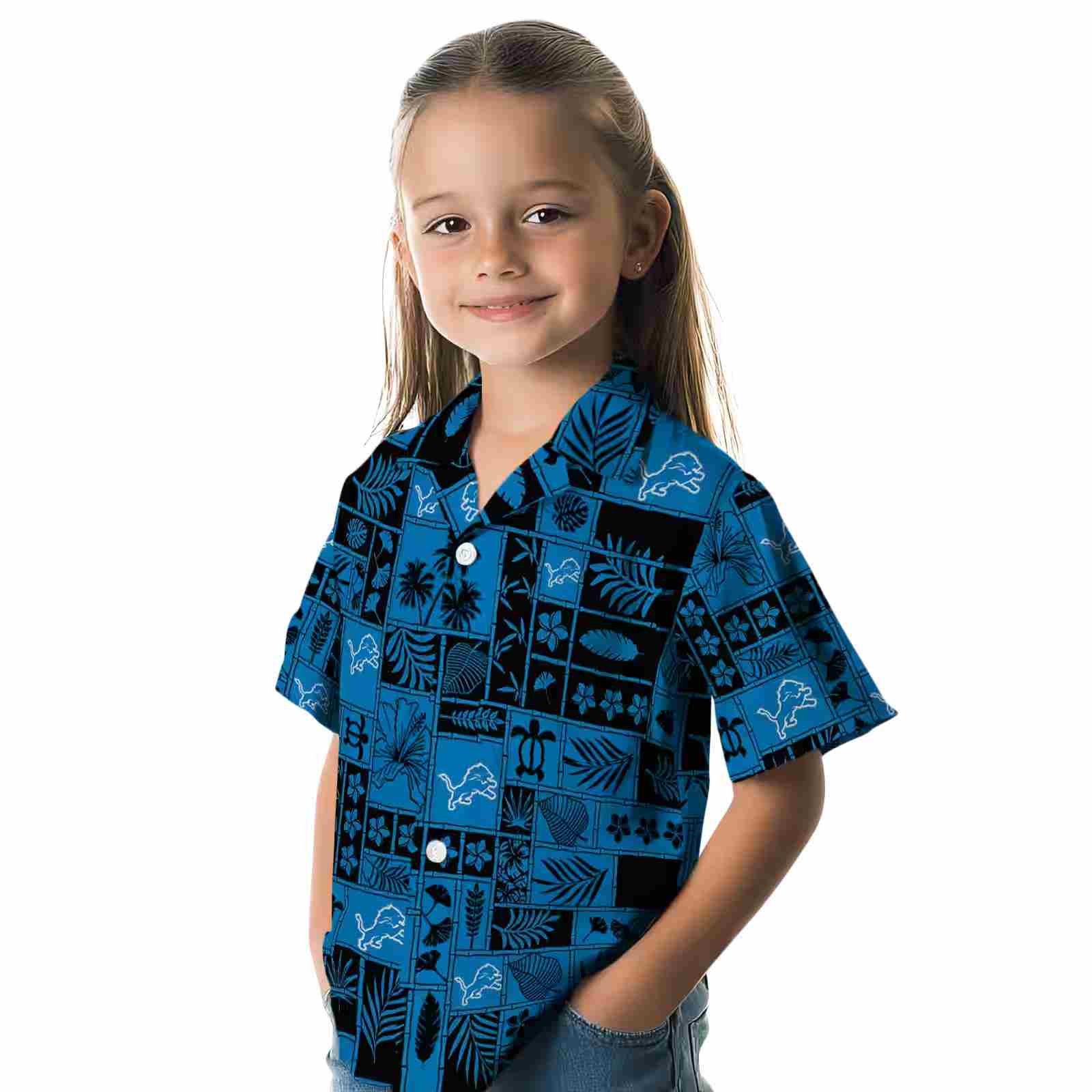 detroit lions tropical patchwork blue black hawaiian shirt premium grade