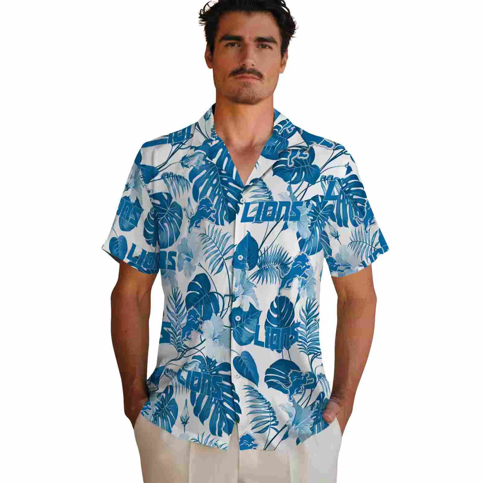 detroit lions tropical plants blue white hawaiian shirt fashion forward