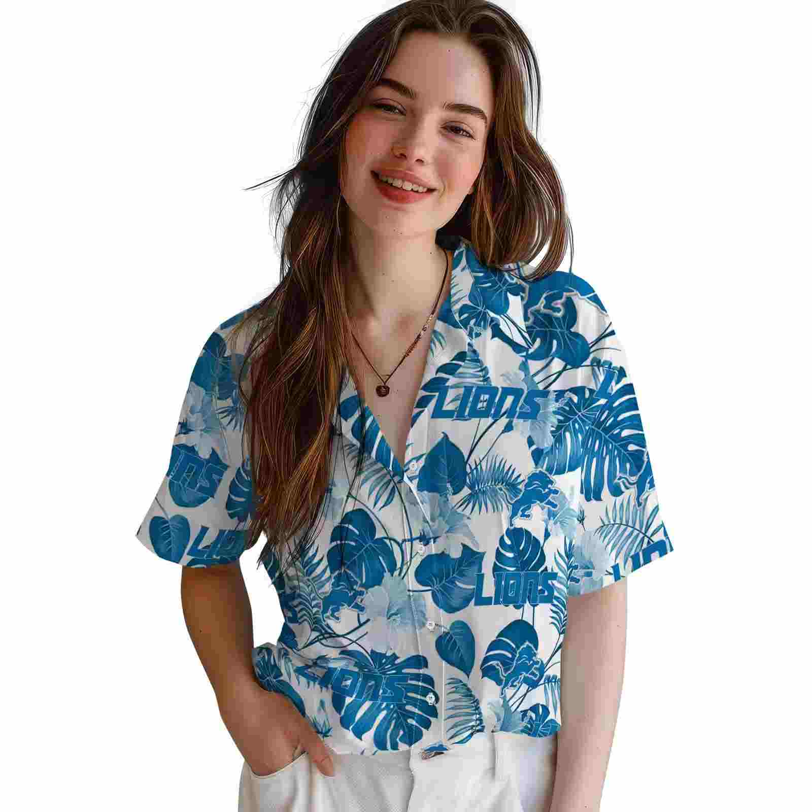 detroit lions tropical plants blue white hawaiian shirt latest model