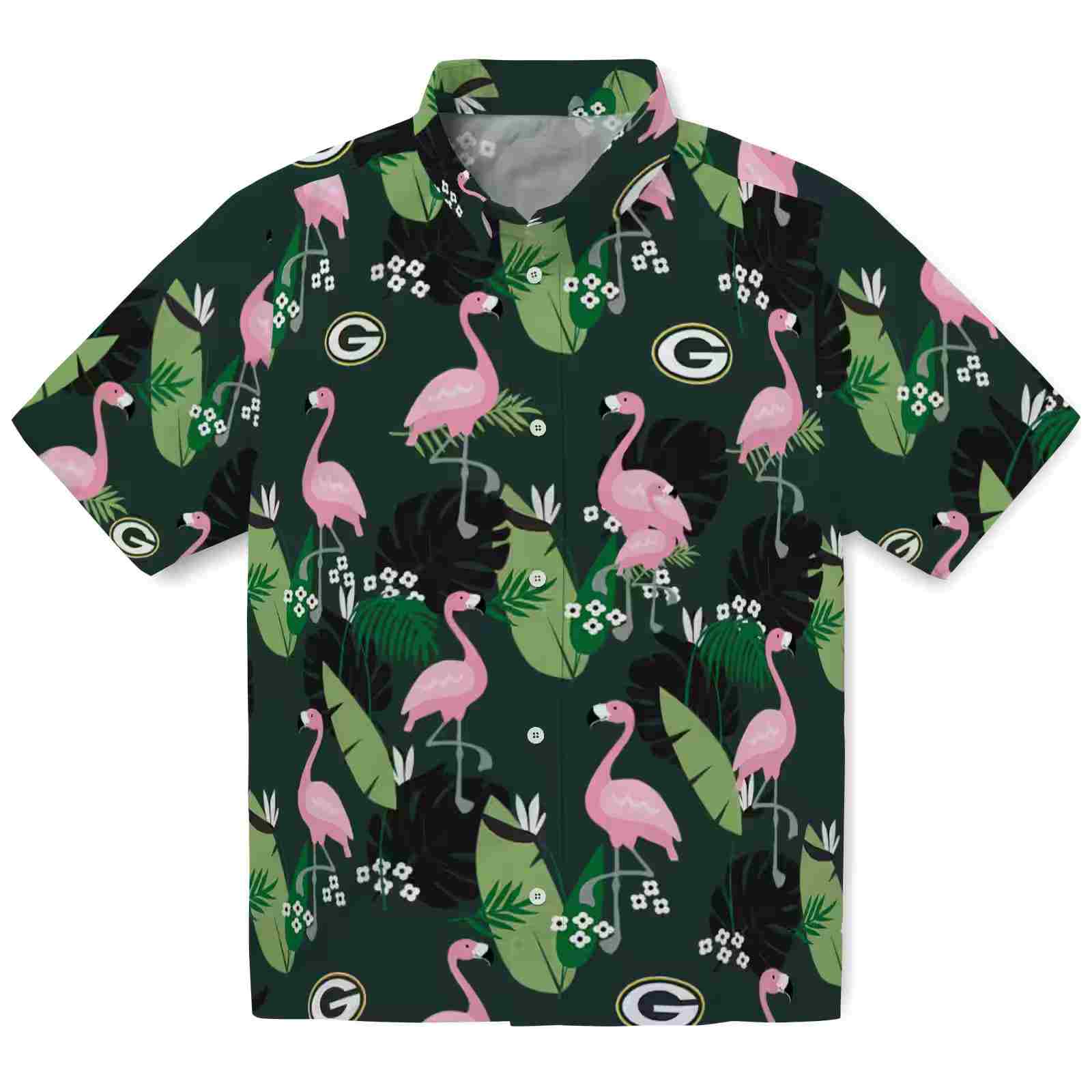 green bay packers flamingo leaf motif green hawaiian shirt best selling