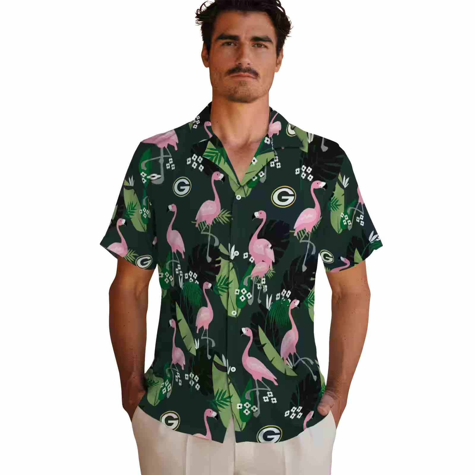 green bay packers flamingo leaf motif green hawaiian shirt fashion forward