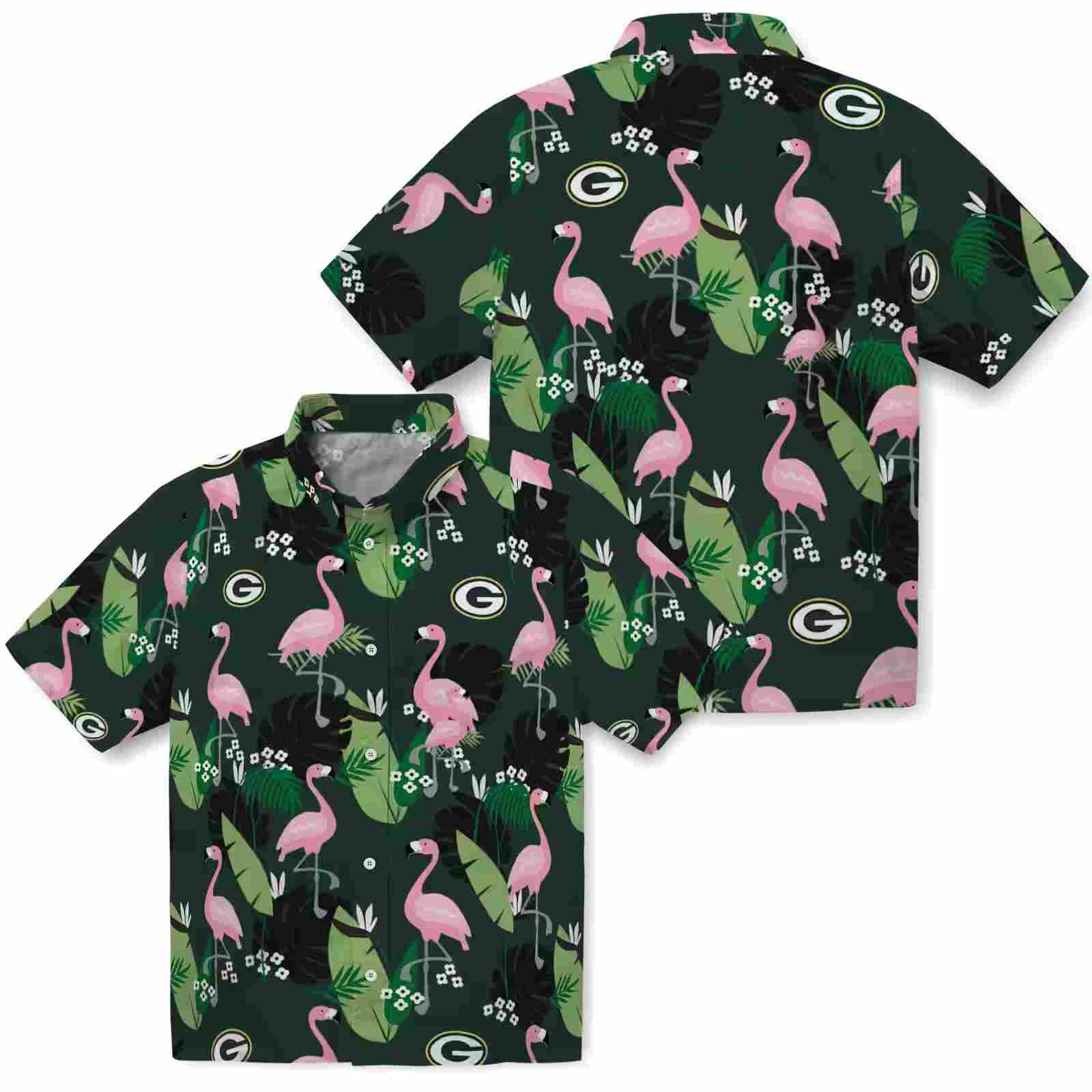 green bay packers flamingo leaf motif green hawaiian shirt high quality