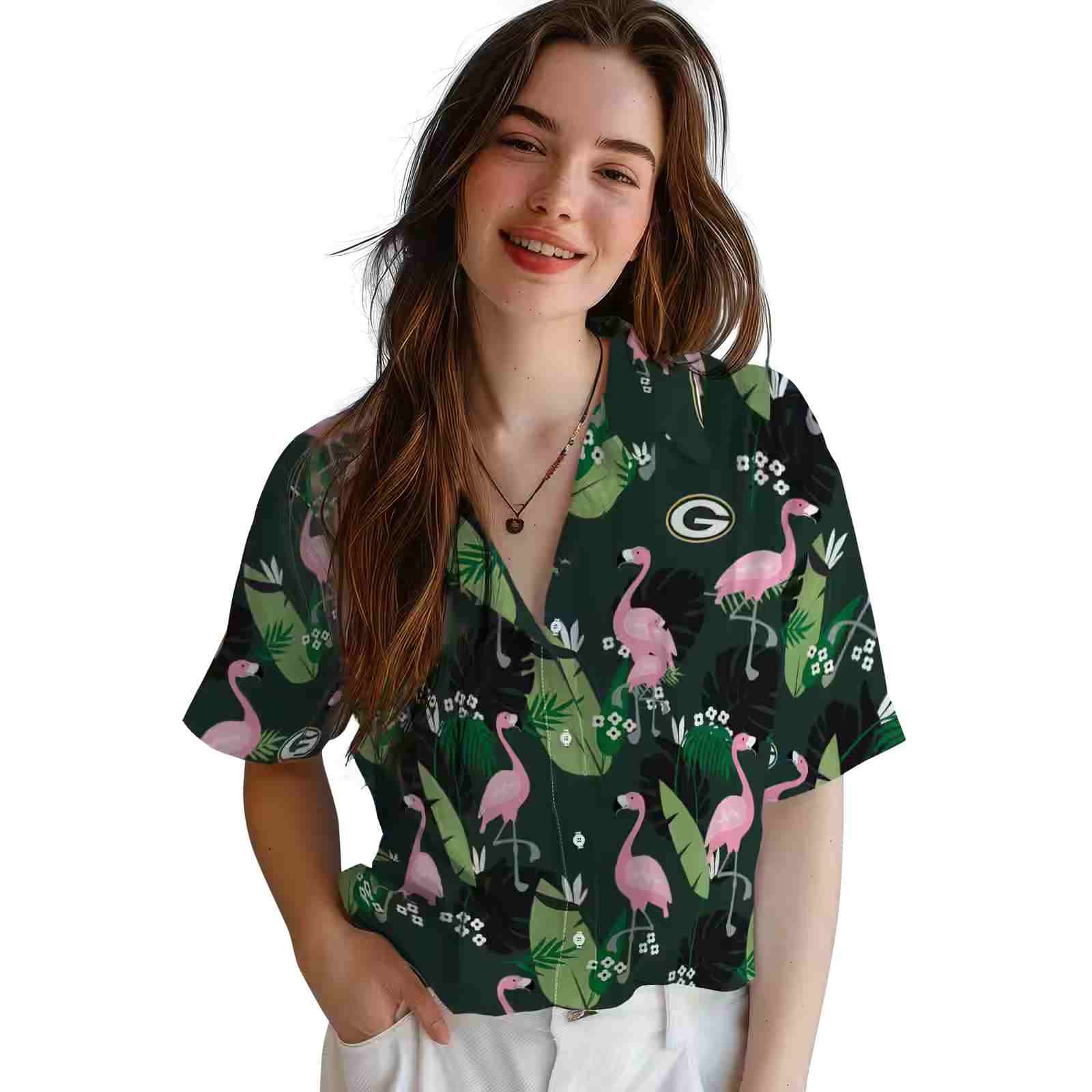 green bay packers flamingo leaf motif green hawaiian shirt latest model