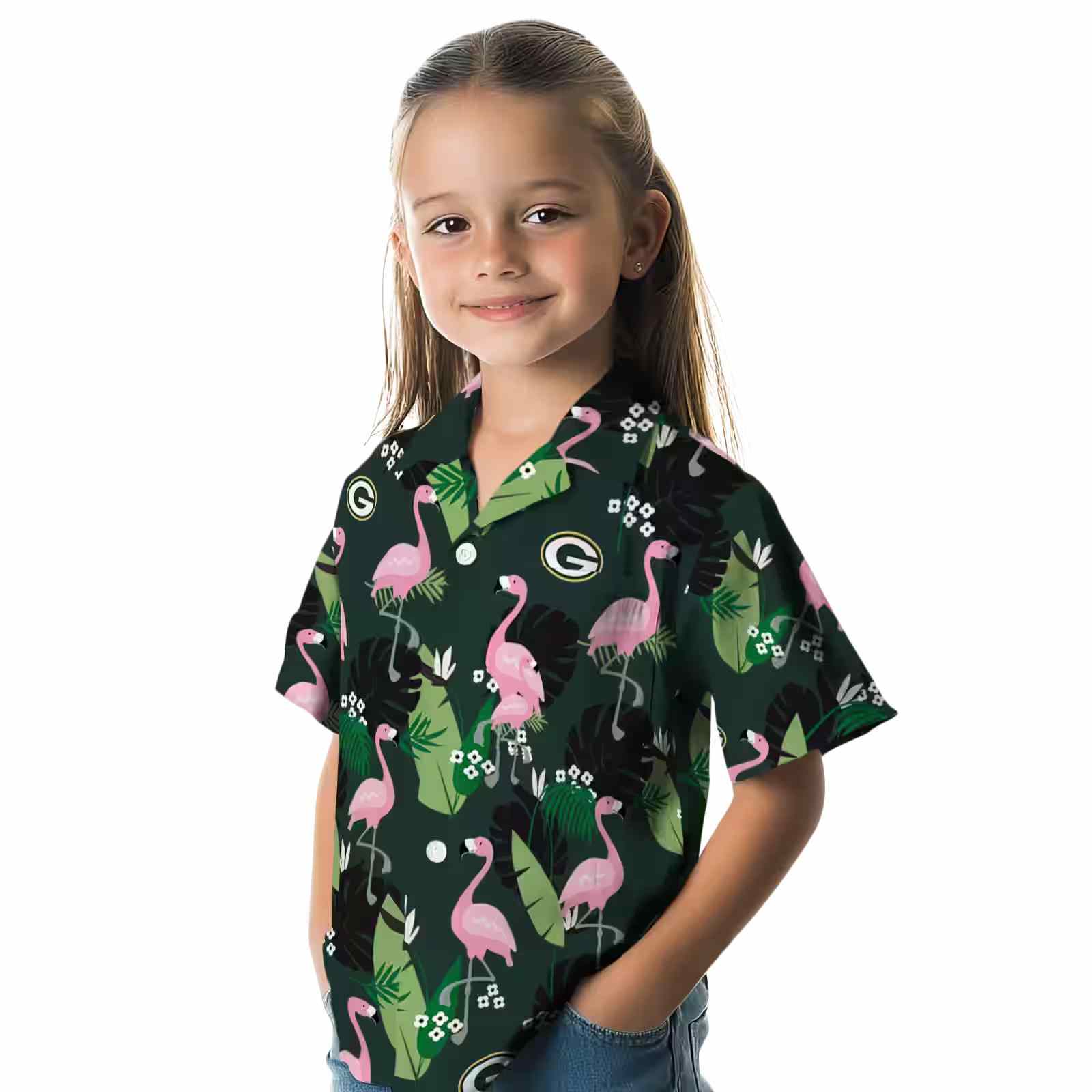 green bay packers flamingo leaf motif green hawaiian shirt premium grade