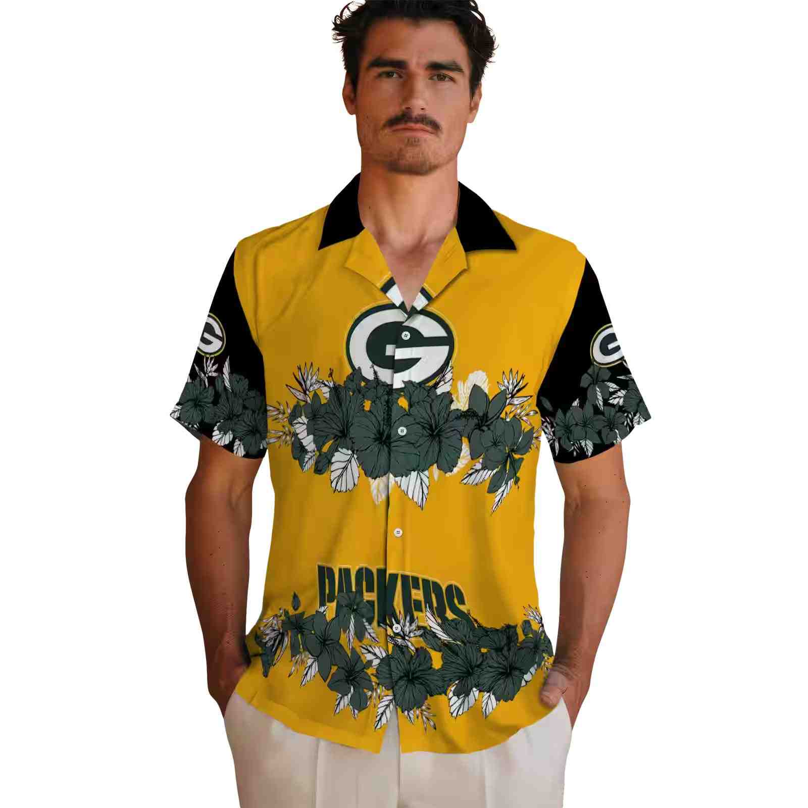 green bay packers hibiscus stripe green black hawaiian shirt fashion forward