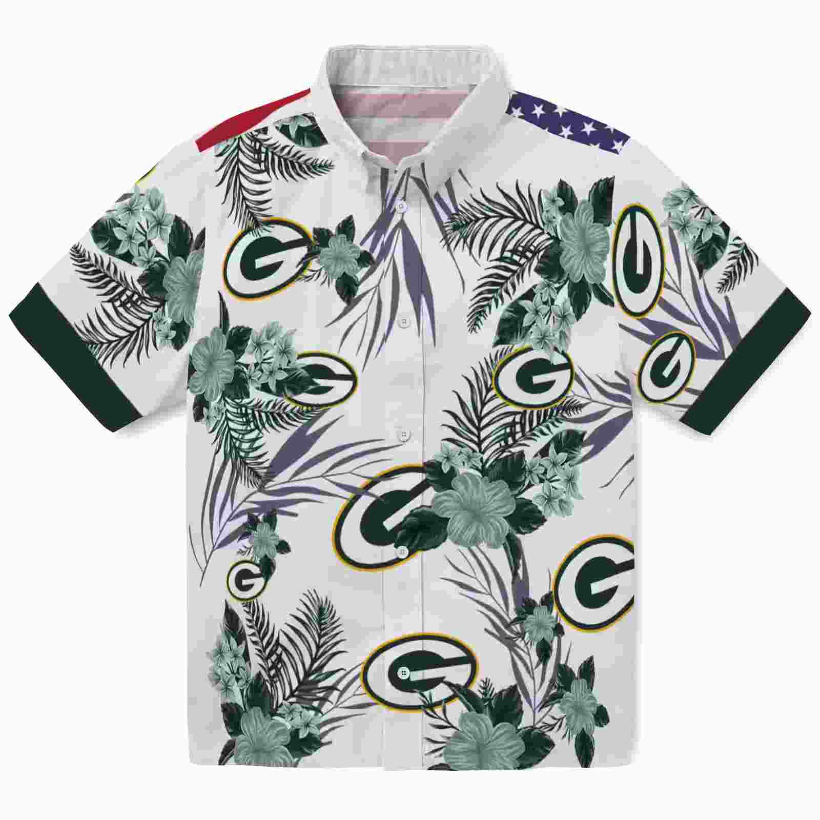 green bay packers patriotic hibiscus design green white hawaiian shirt best selling