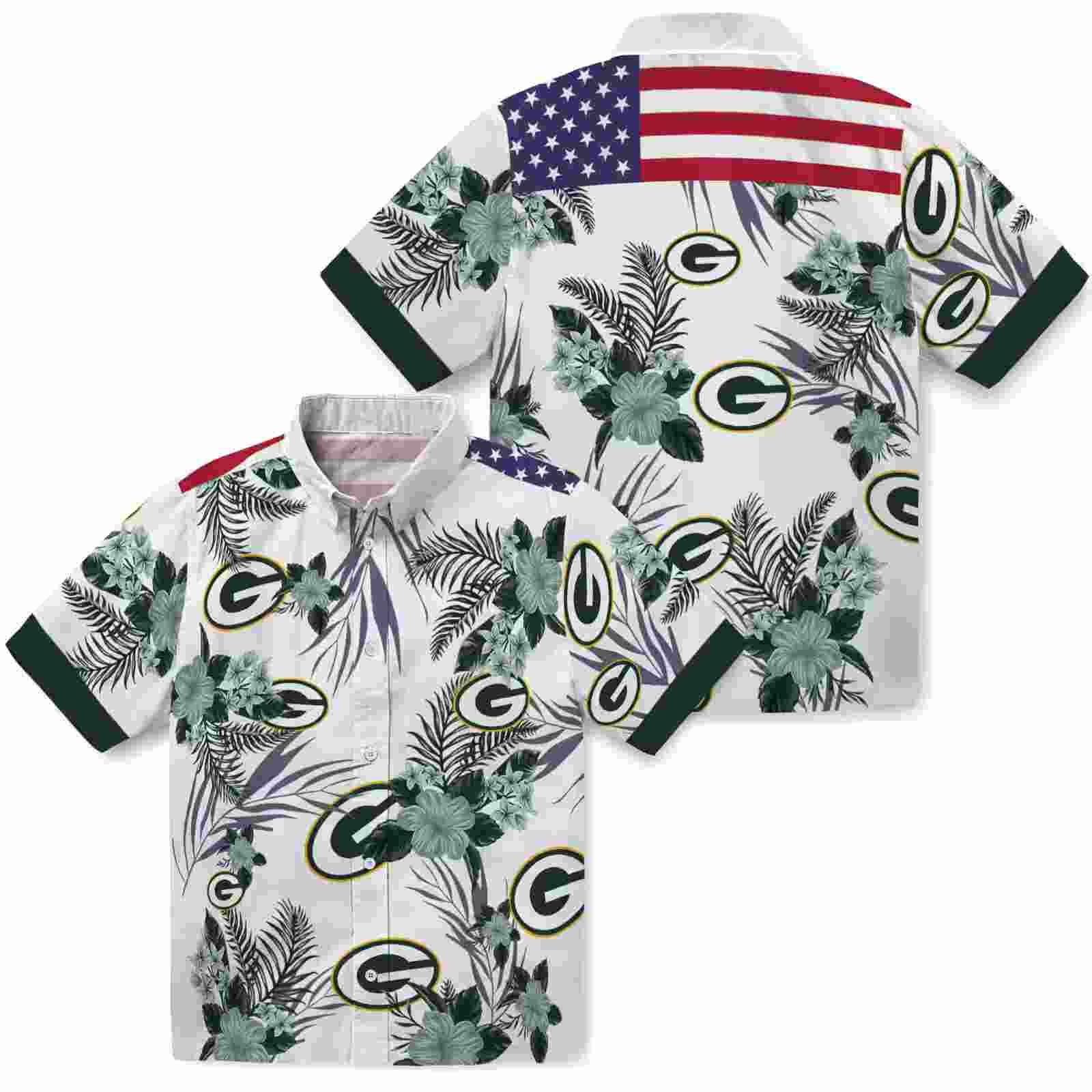 green bay packers patriotic hibiscus design green white hawaiian shirt high quality