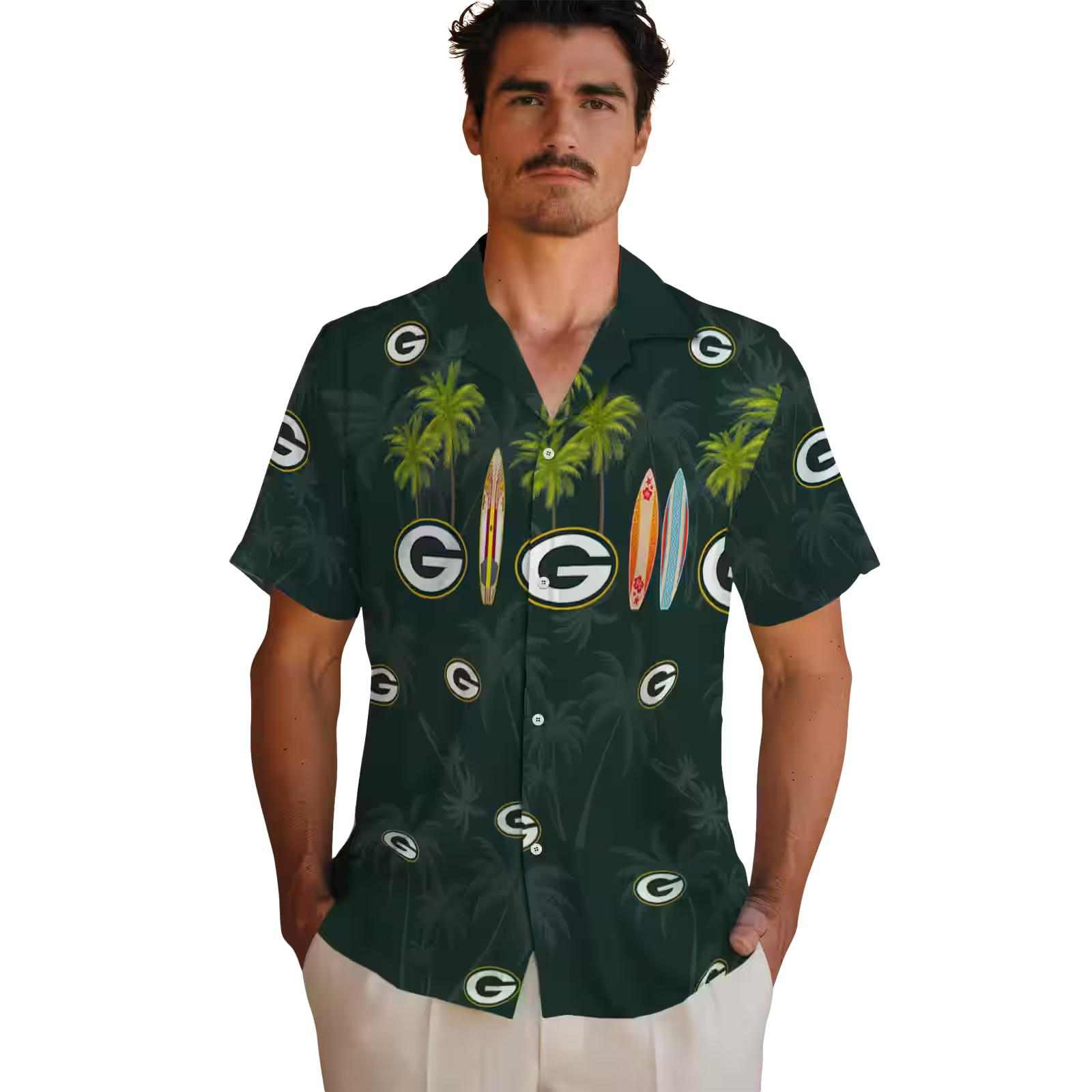 green bay packers surfboard palm green hawaiian shirt fashion forward