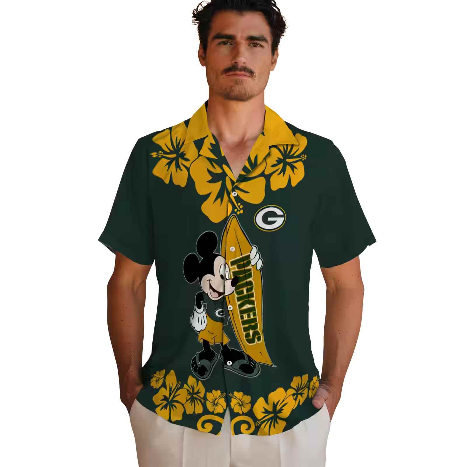 green bay packers surfing mickey green hawaiian shirt fashion forward