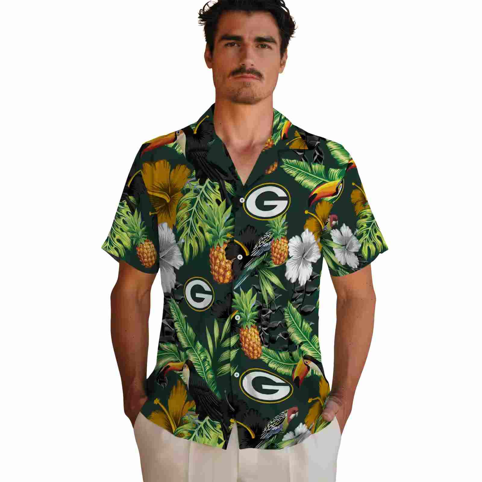 green bay packers toucan hibiscus pineapple green hawaiian shirt fashion forward