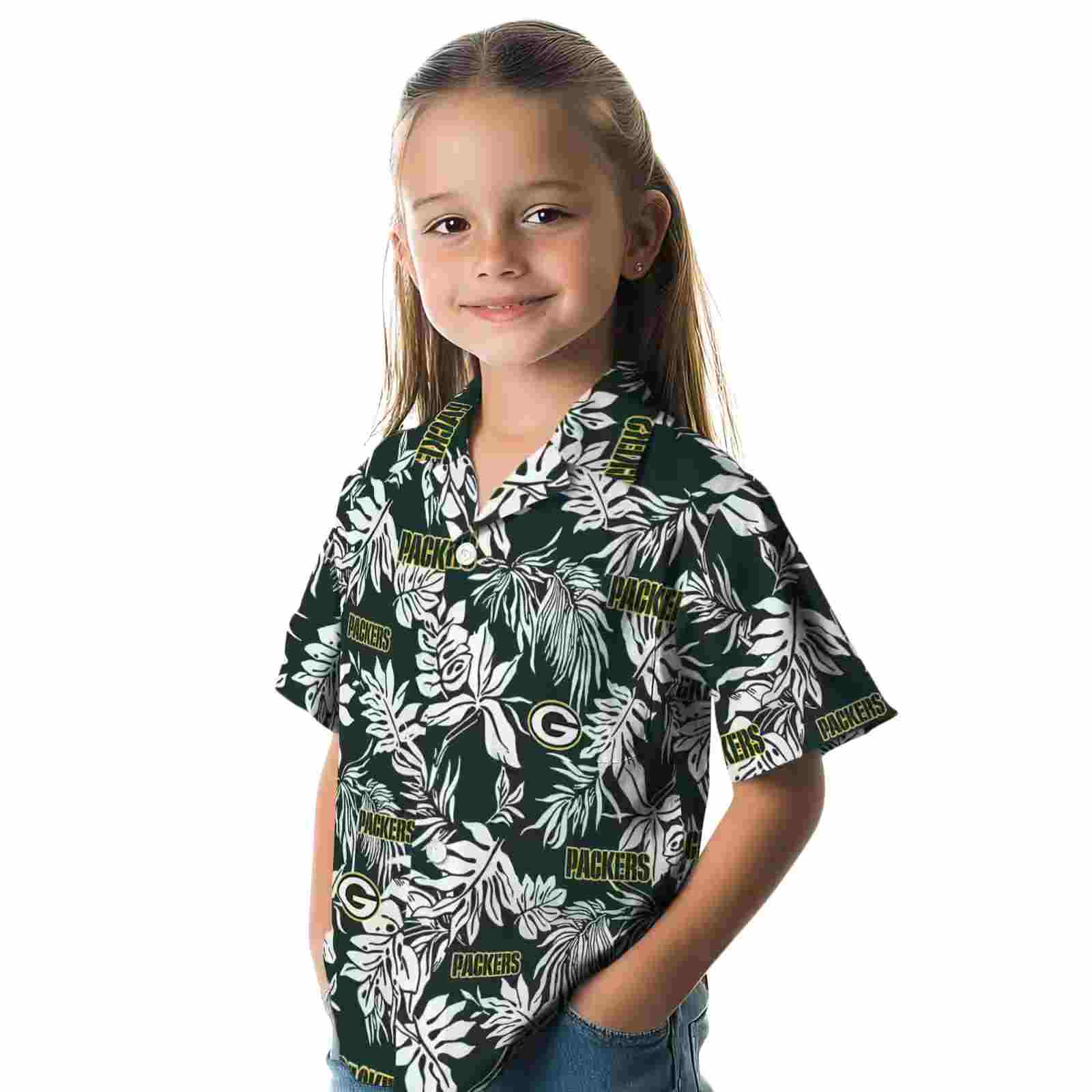 green bay packers tropical leaf green white hawaiian shirt premium grade