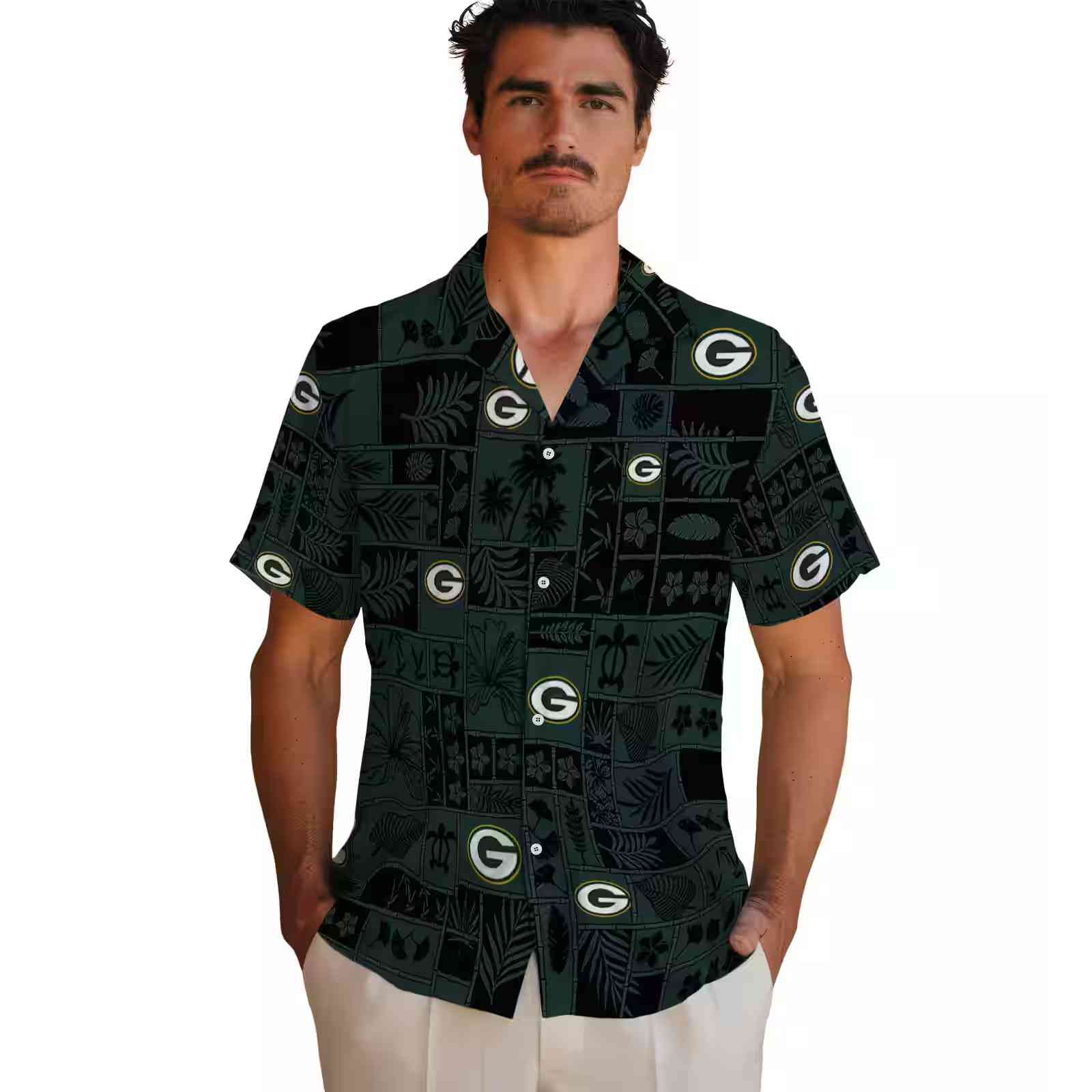 green bay packers tropical patchwork green black hawaiian shirt fashion forward