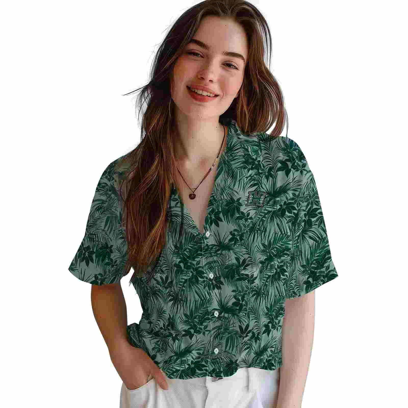 hawaii rainbow warriors leafy pattern green hawaiian shirt latest model