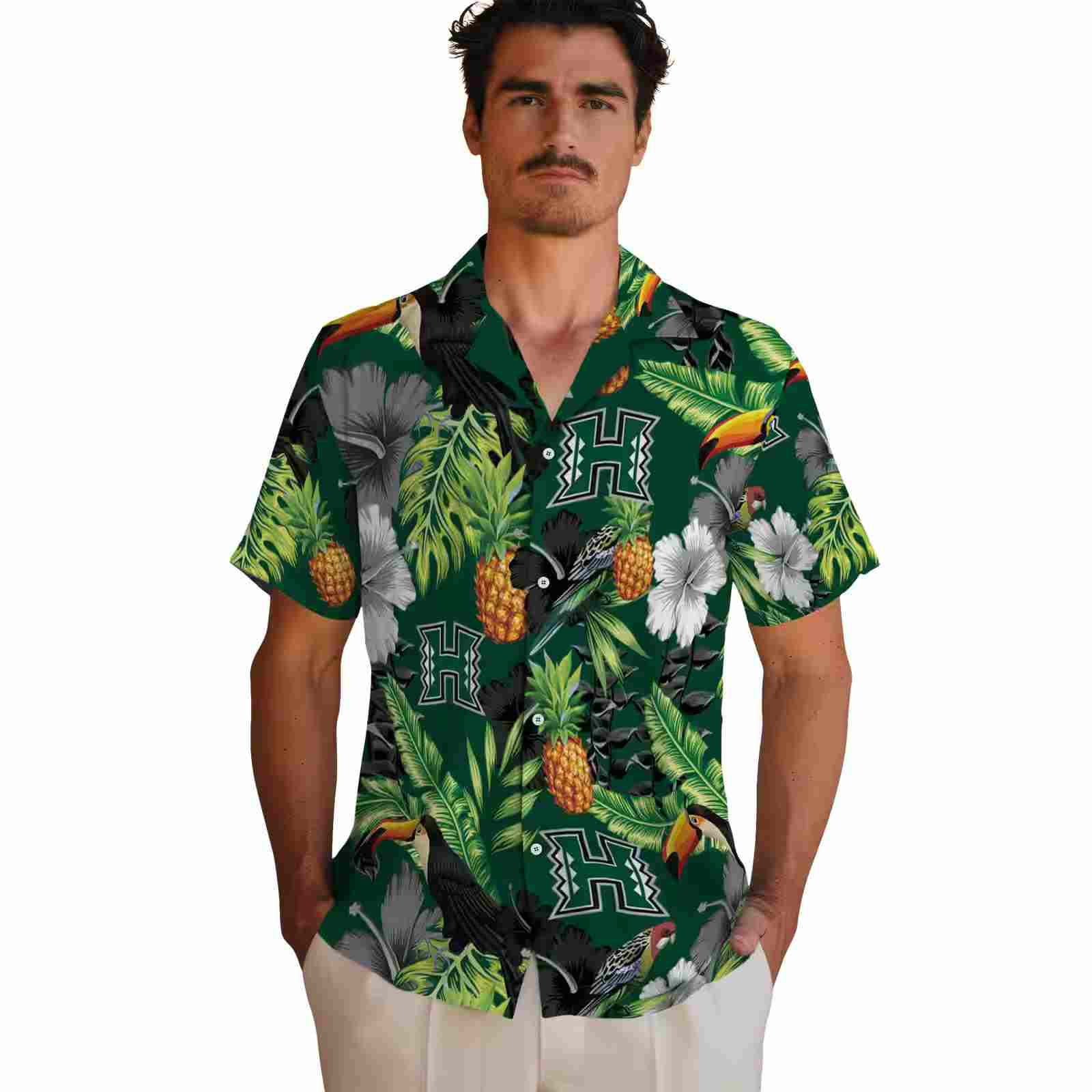 hawaii rainbow warriors toucan hibiscus pineapple green hawaiian shirt fashion forward