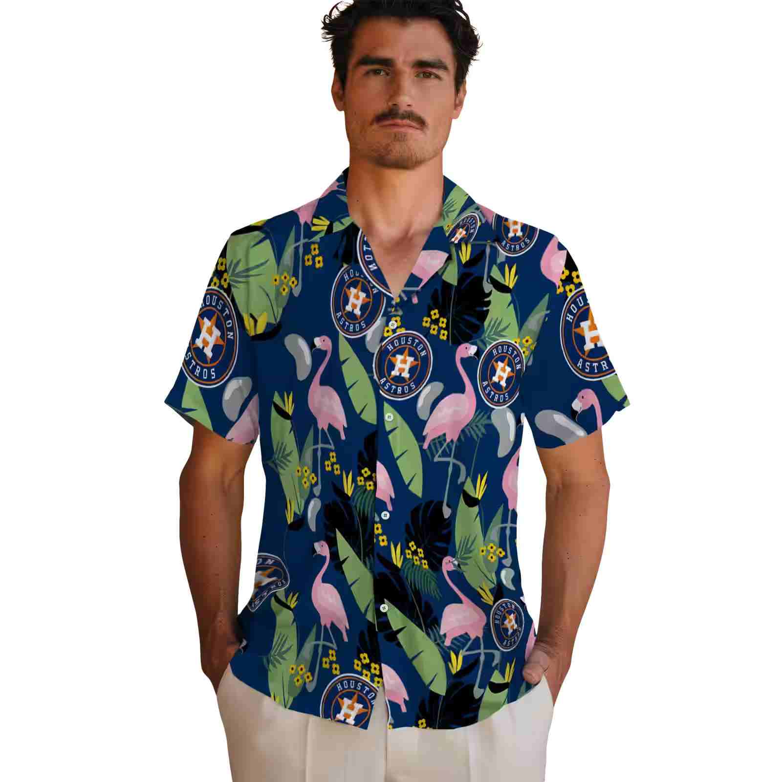 houston astros flamingo leaves blue hawaiian shirt fashion forward