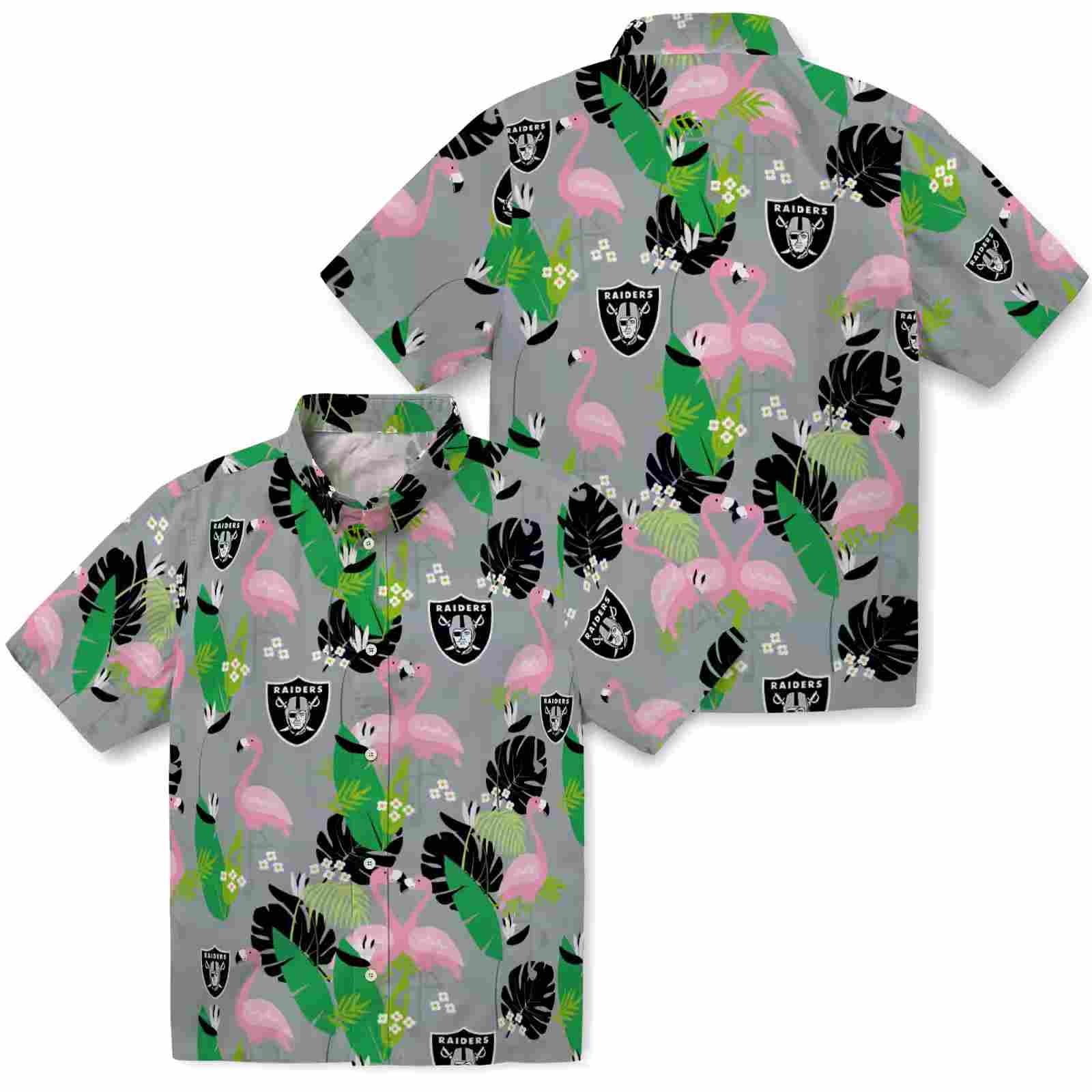 las vegas raiders flamingo foliage black green hawaiian shirt high quality