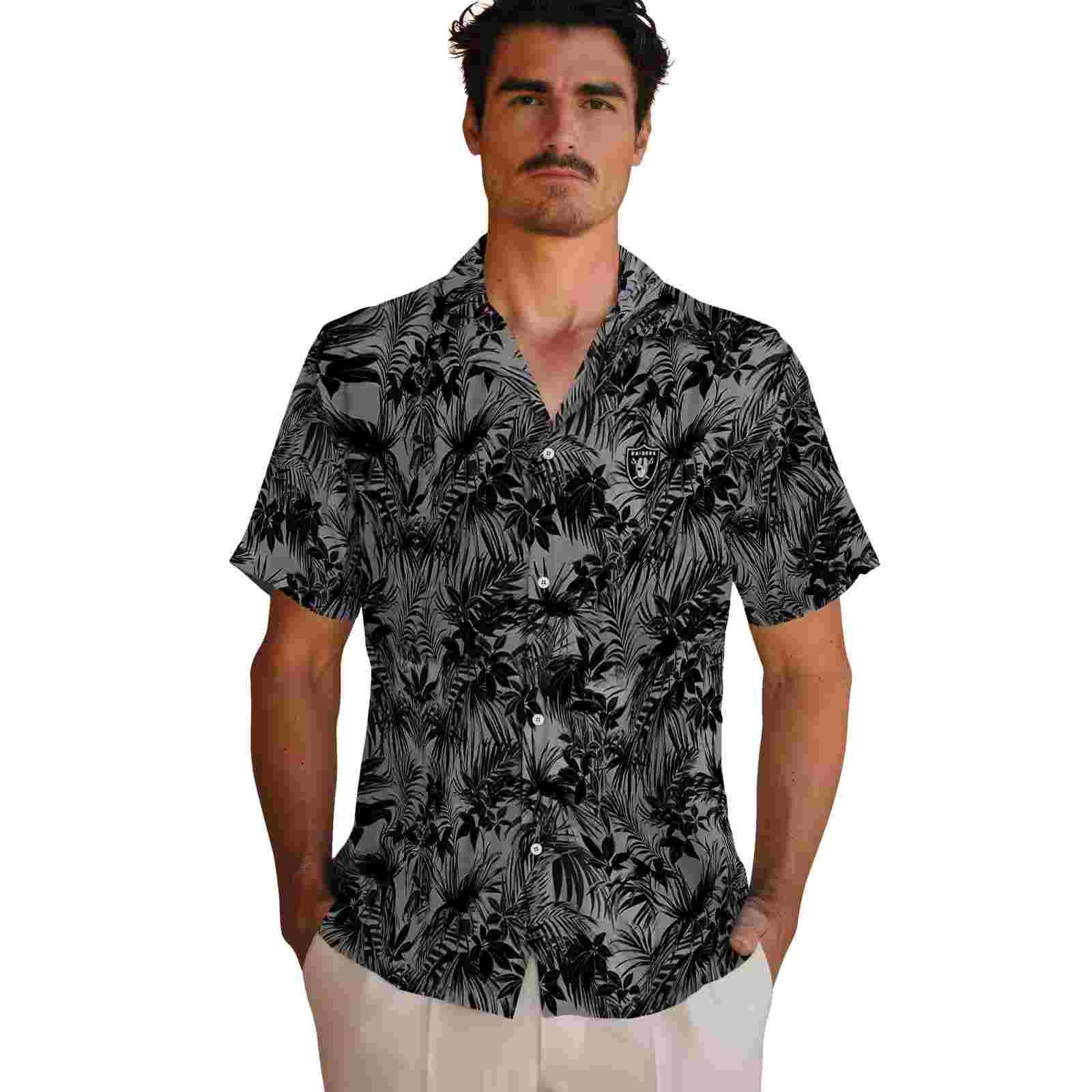 las vegas raiders leafy pattern black hawaiian shirt fashion forward