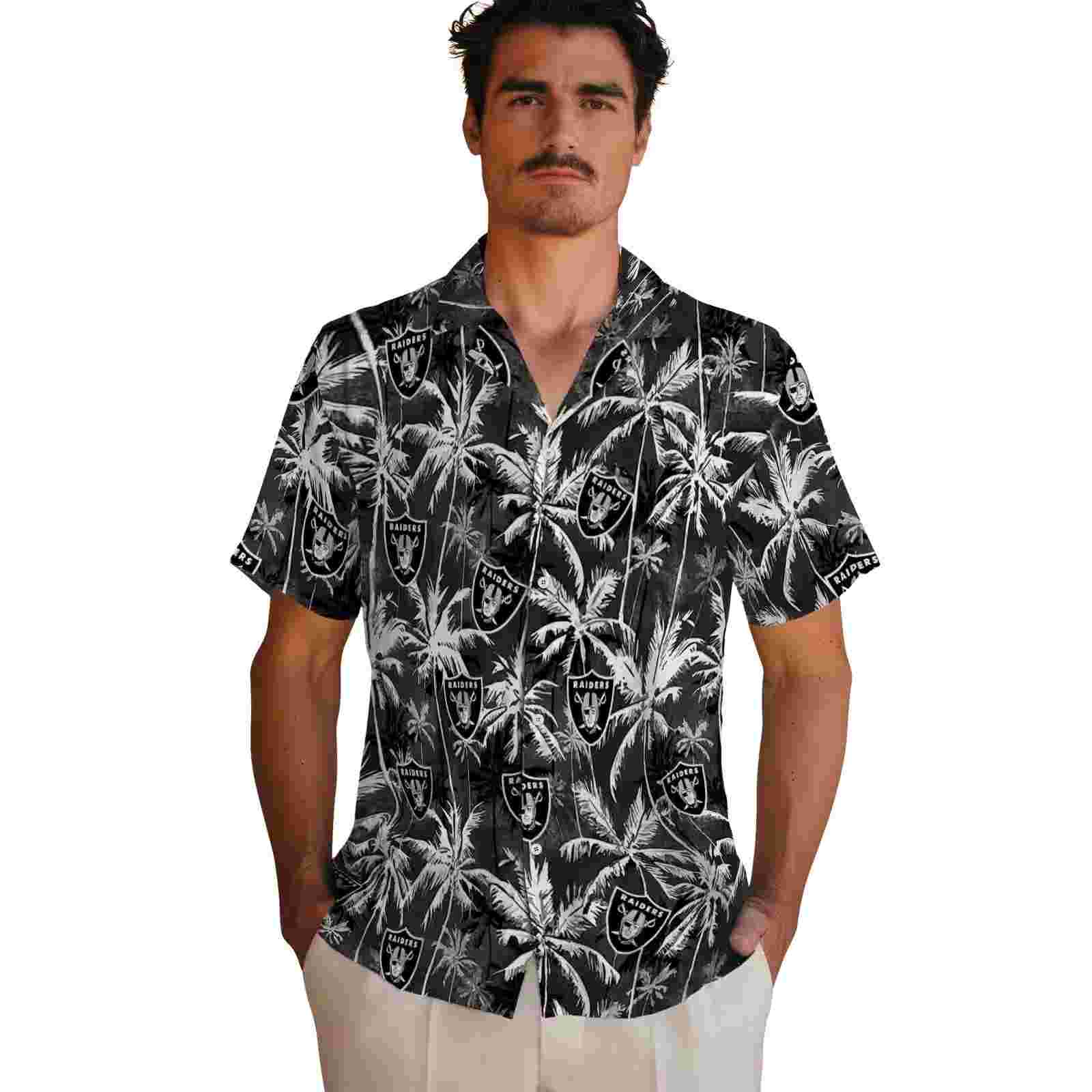 las vegas raiders palm pattern black hawaiian shirt fashion forward