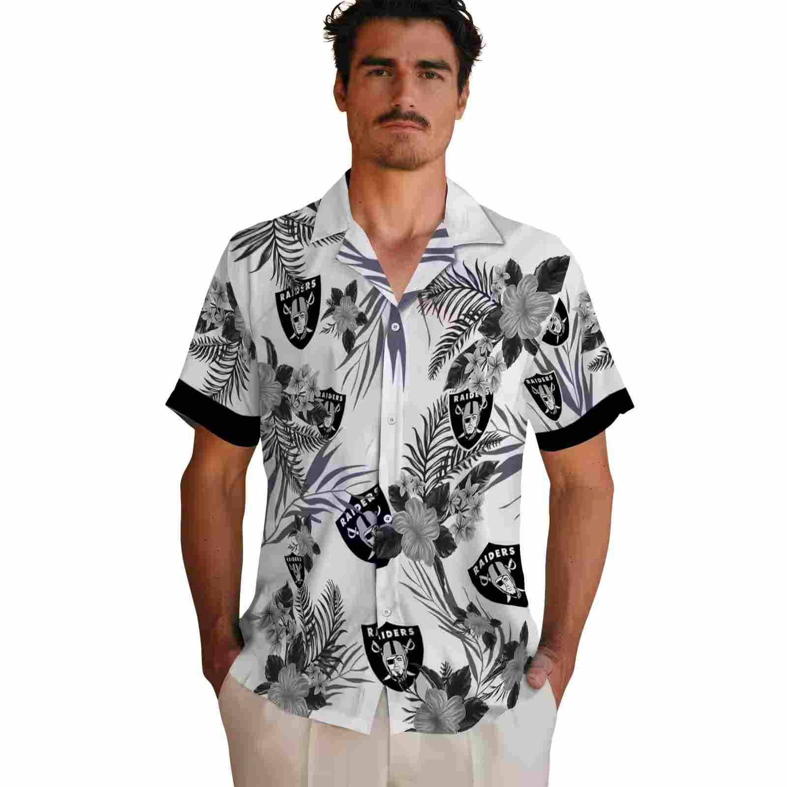 las vegas raiders patriotic hibiscus design black white hawaiian shirt fashion forward