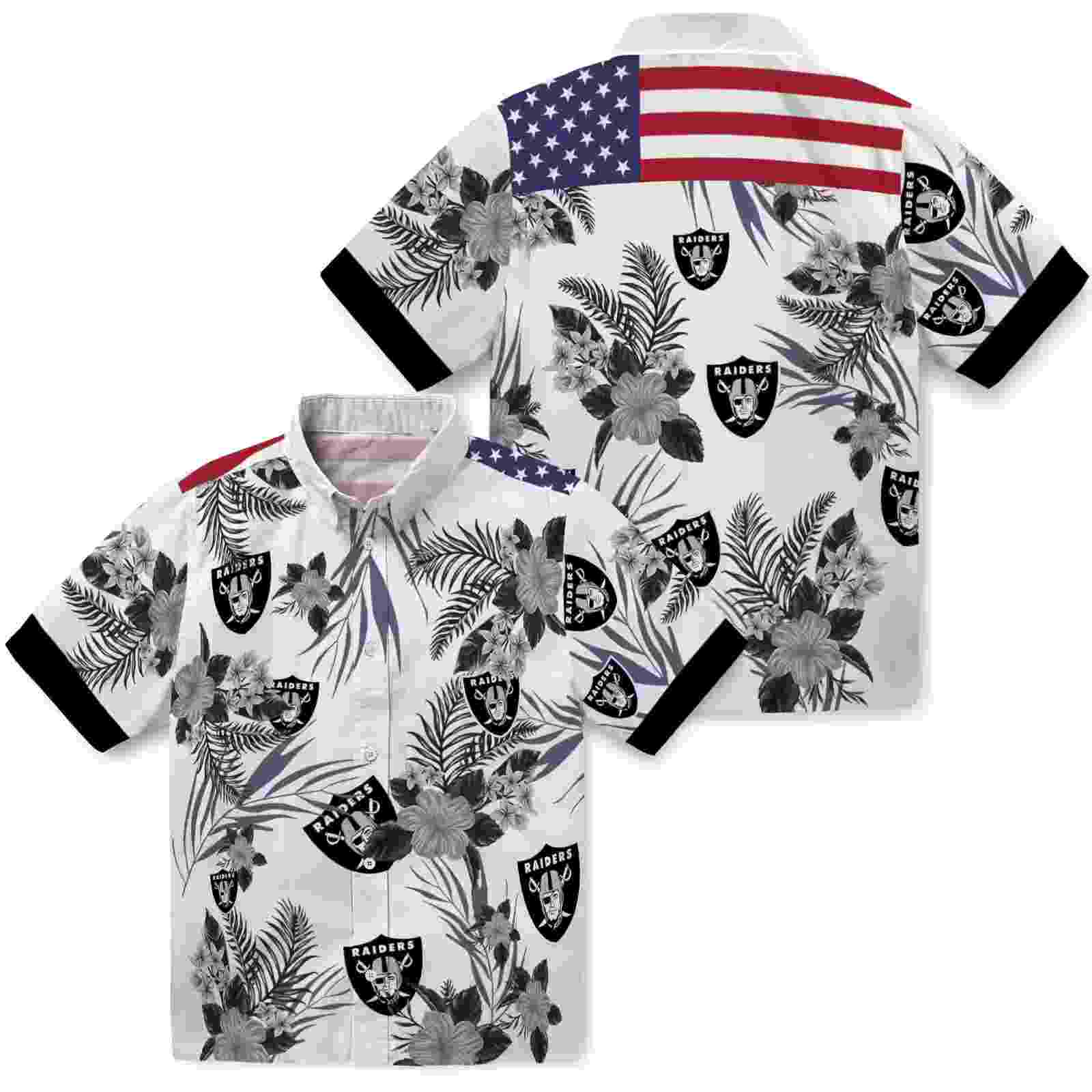 las vegas raiders patriotic hibiscus design black white hawaiian shirt high quality