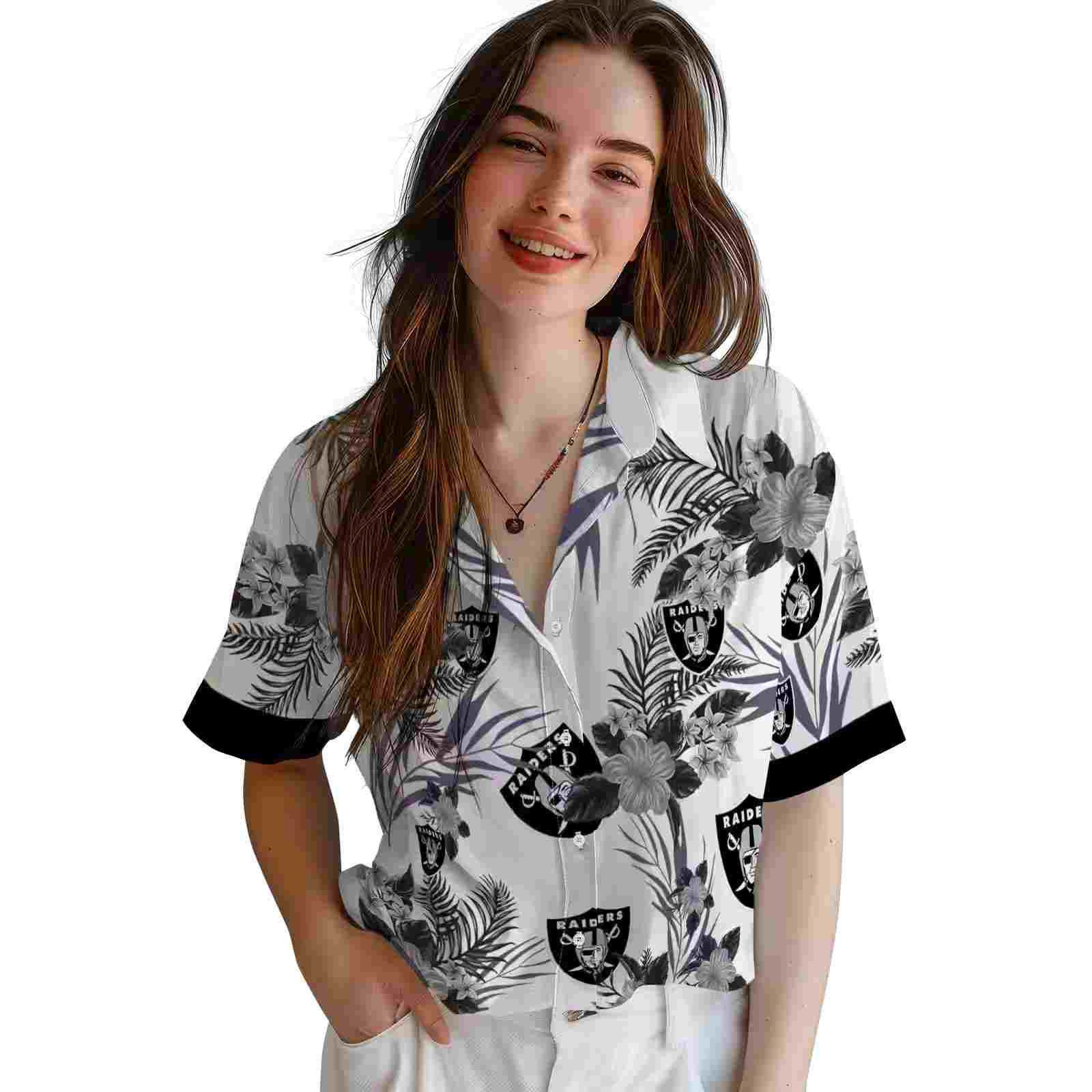 las vegas raiders patriotic hibiscus design black white hawaiian shirt latest model