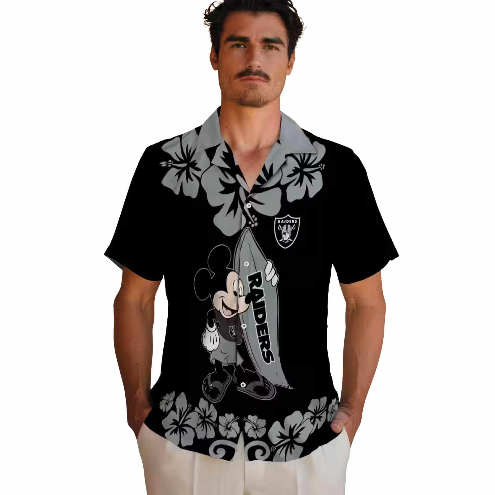 las vegas raiders surfing mickey black hawaiian shirt fashion forward