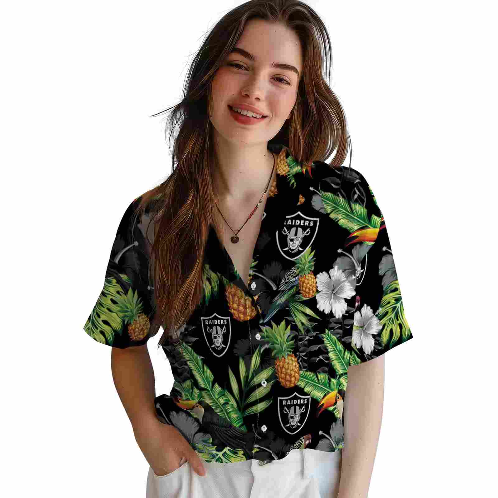 las vegas raiders toucan hibiscus pineapple black green hawaiian shirt latest model