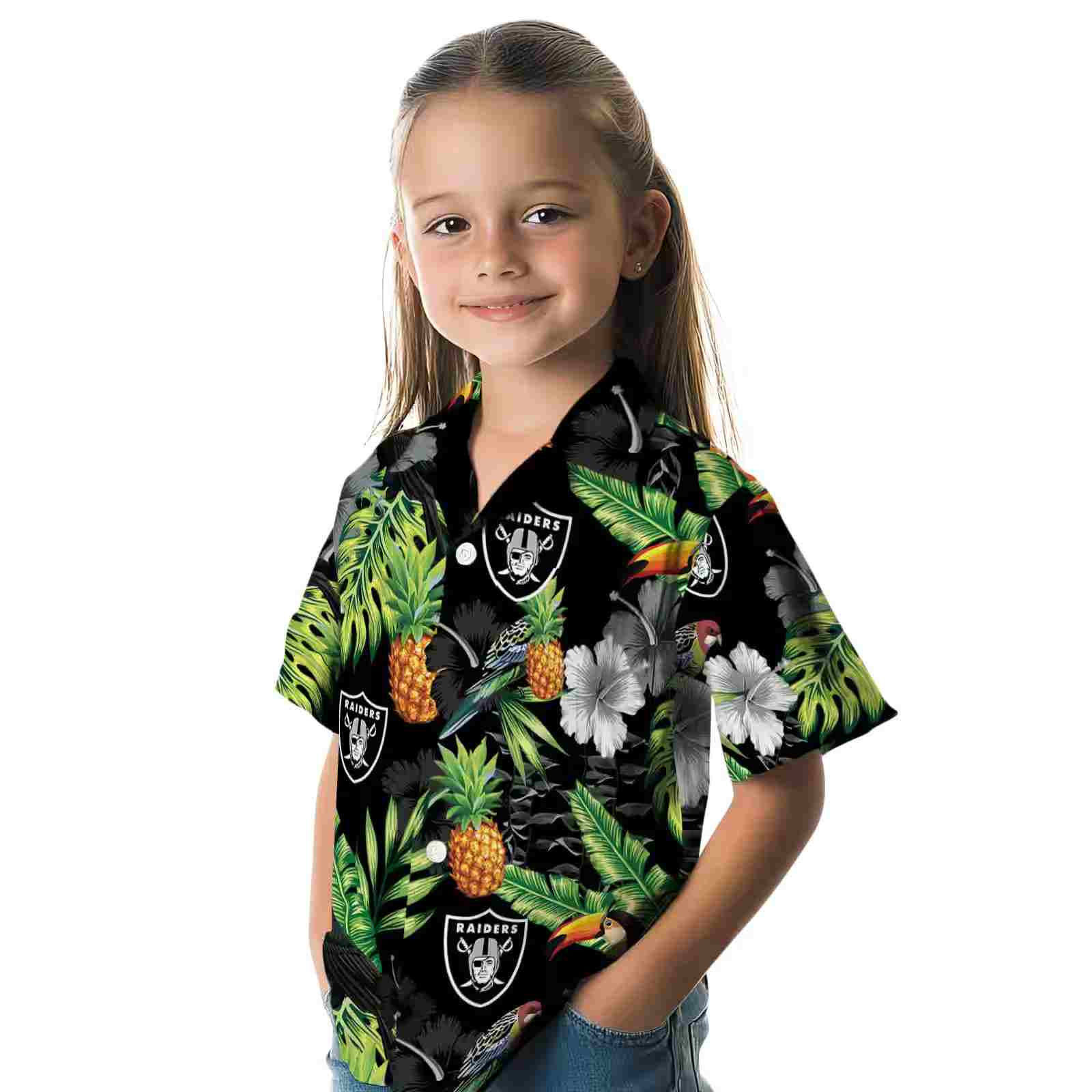 las vegas raiders toucan hibiscus pineapple black green hawaiian shirt premium grade