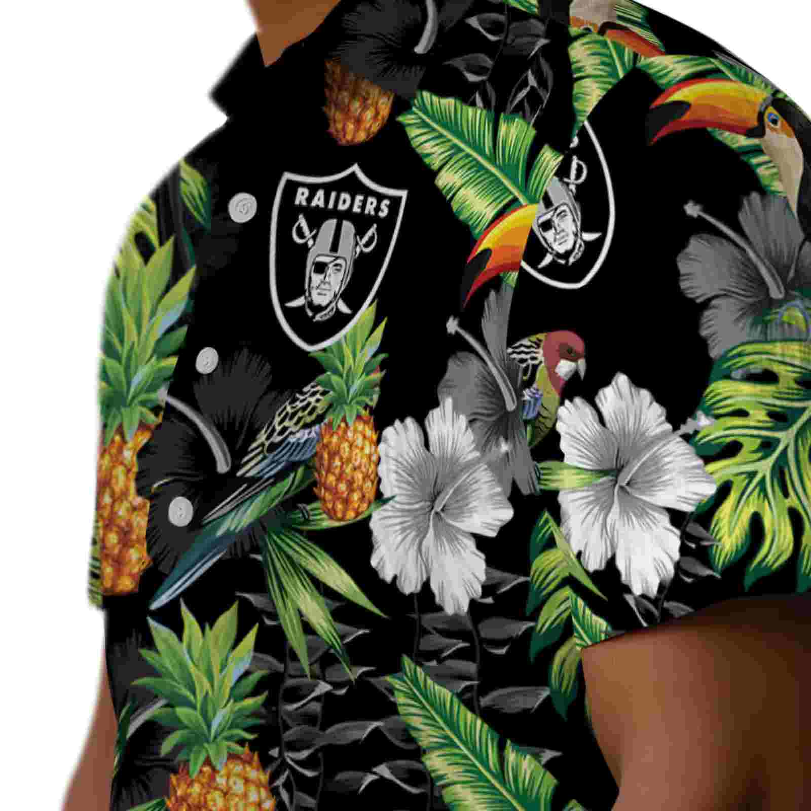 las vegas raiders toucan hibiscus pineapple black green hawaiian shirt trendy