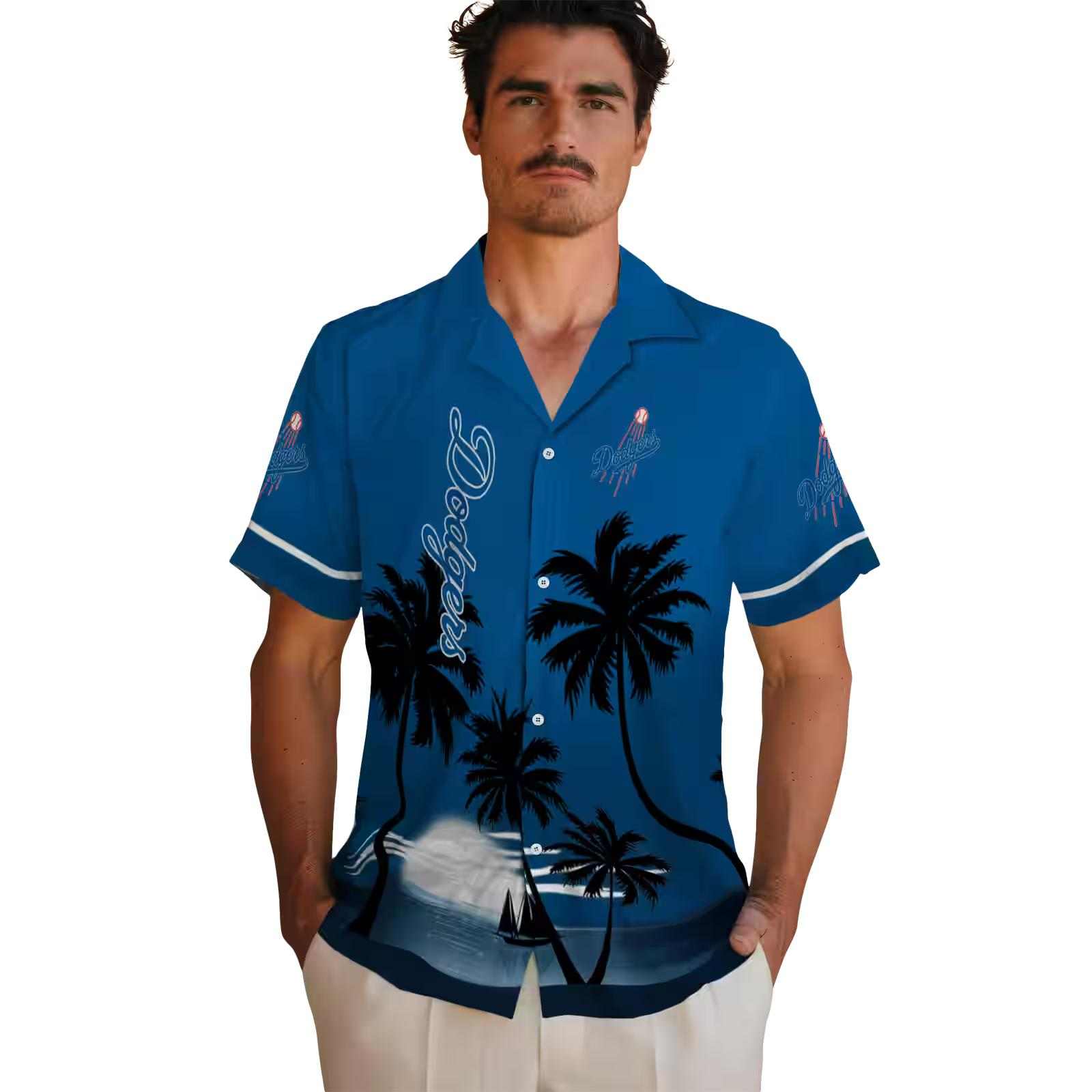 los angeles dodgers beach sunset blue black hawaiian shirt fashion forward