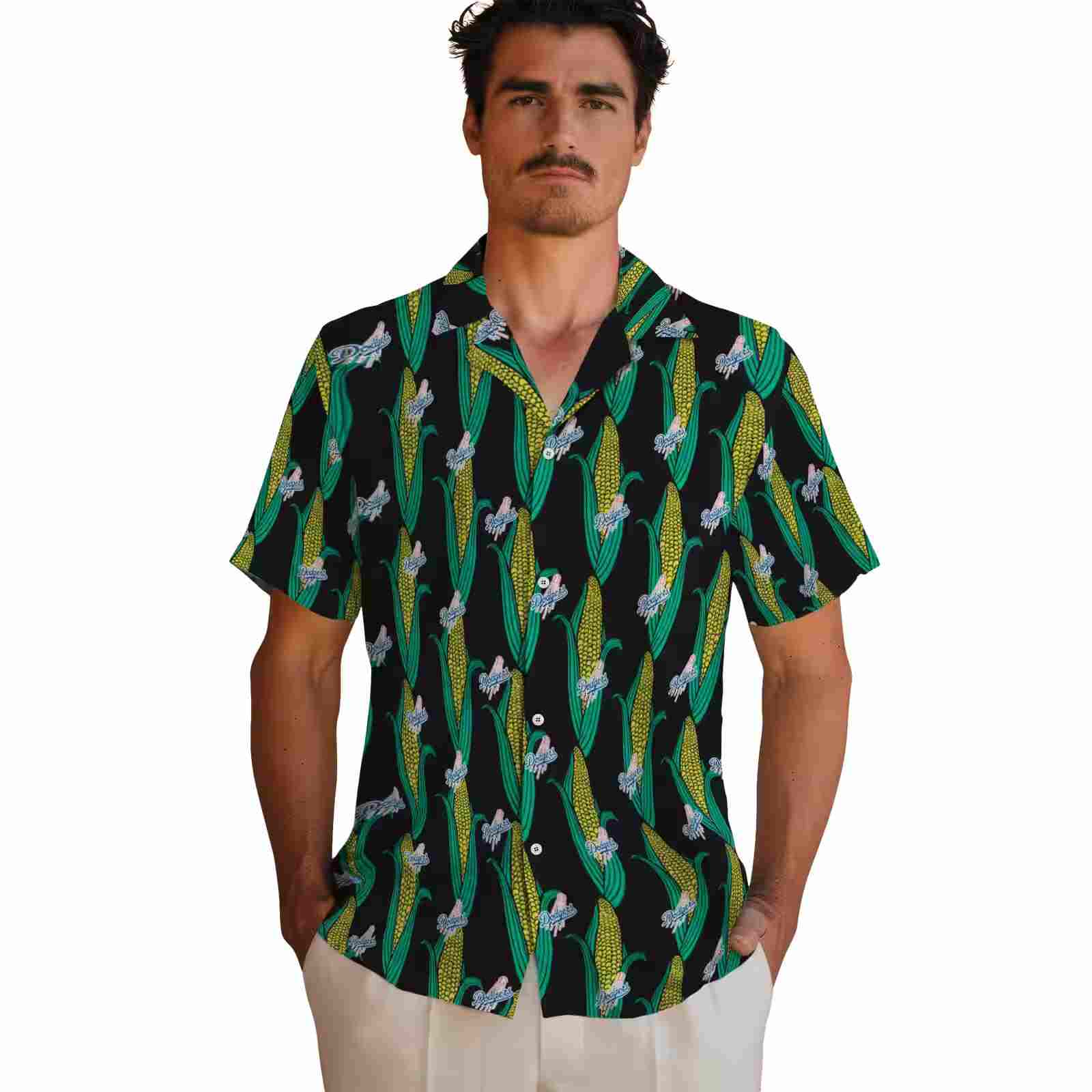 los angeles dodgers corn motifs black green hawaiian shirt fashion forward