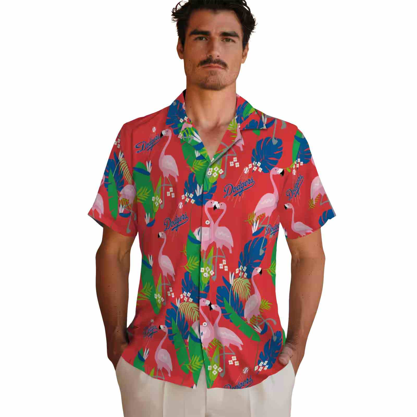 los angeles dodgers flamingo foliage blue green hawaiian shirt fashion forward