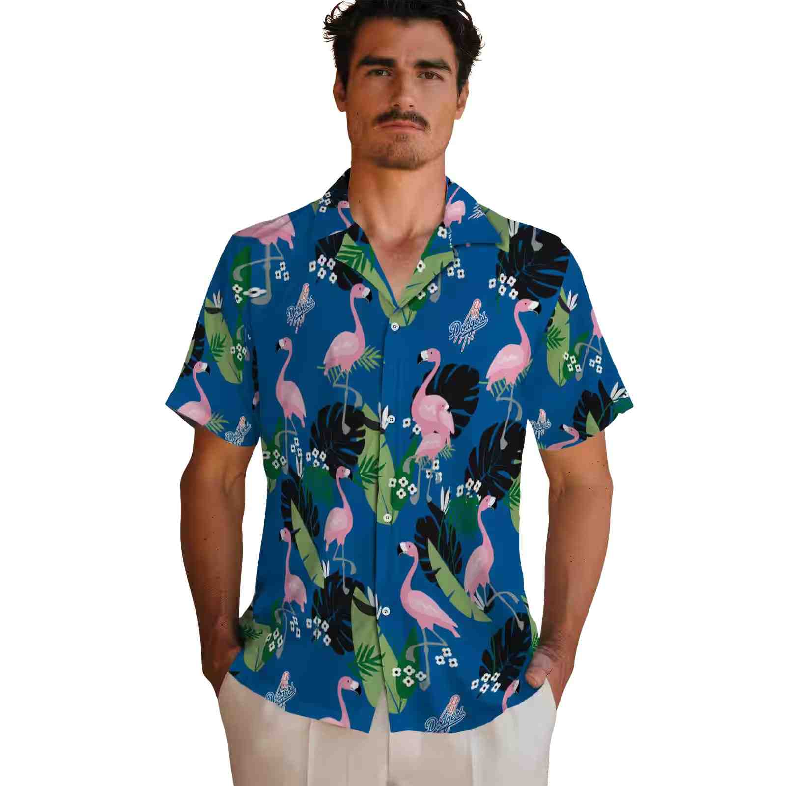 los angeles dodgers flamingo leaf motif blue hawaiian shirt fashion forward