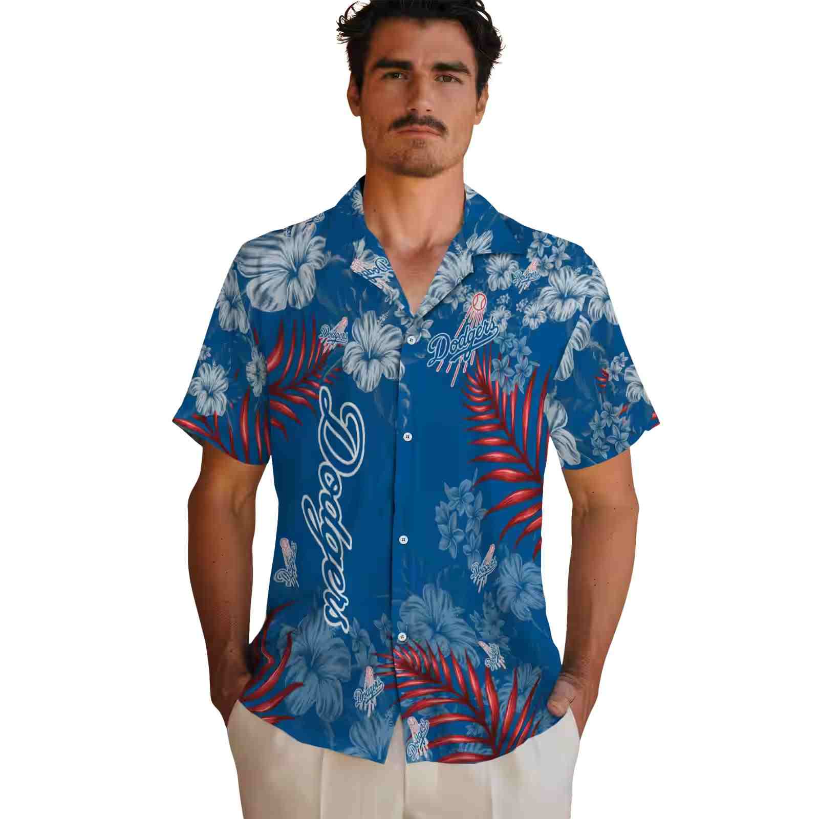 los angeles dodgers hibiscus print blue hawaiian shirt fashion forward