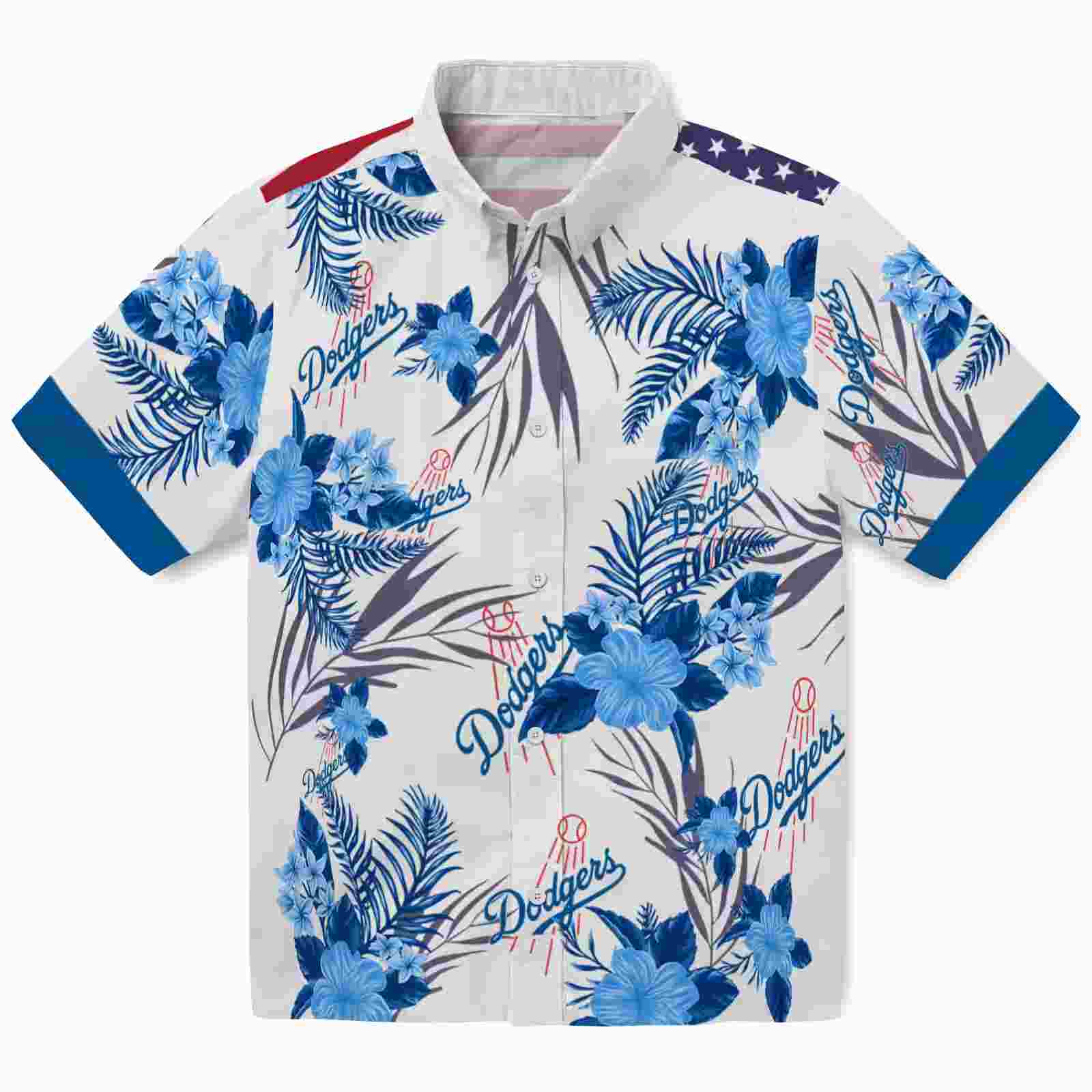 Los Angeles Dodgers Patriotic Hibiscus Design Blue White Hawaiian Shirt