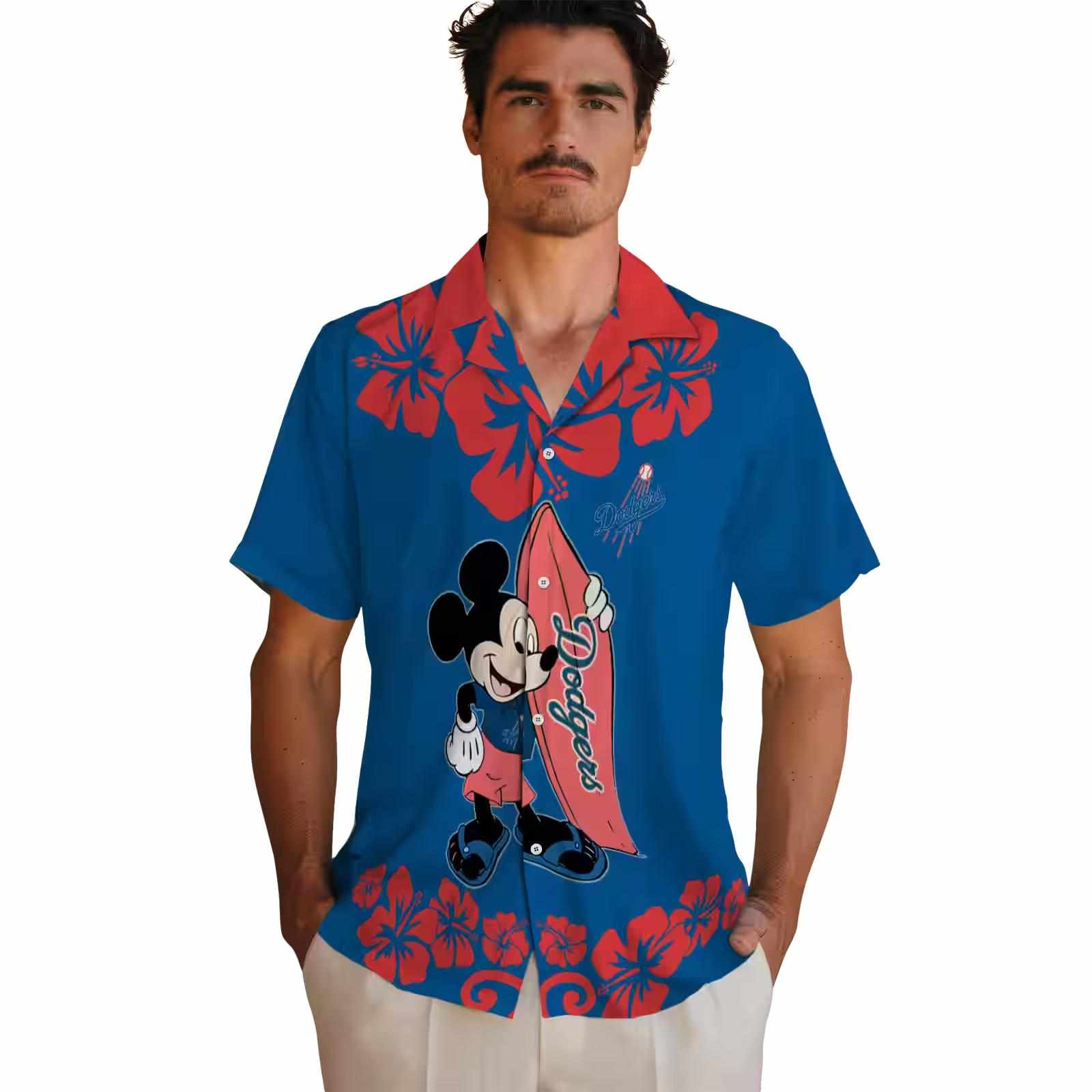 los angeles dodgers surfing mickey blue hawaiian shirt fashion forward